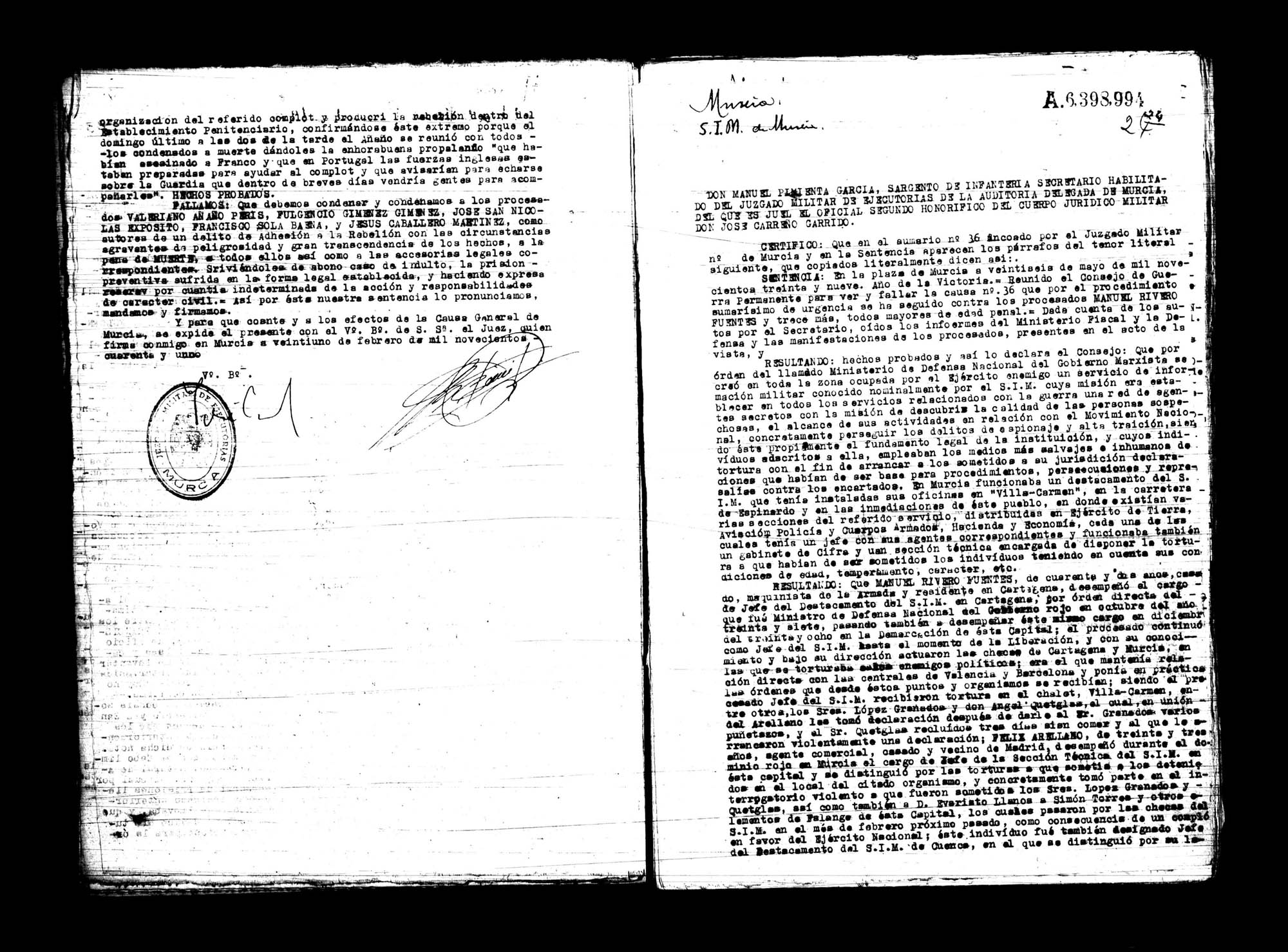 Certificado de la sentencia pronunciada contra Valeriano Añaño Peris, Fulgencio Giménez Giménez, José San Nicolás Expósito, Francisco Solera Baena y Jesús Caballero Martínez, causa 6926, el 17 de enero de 1940 en Murcia.