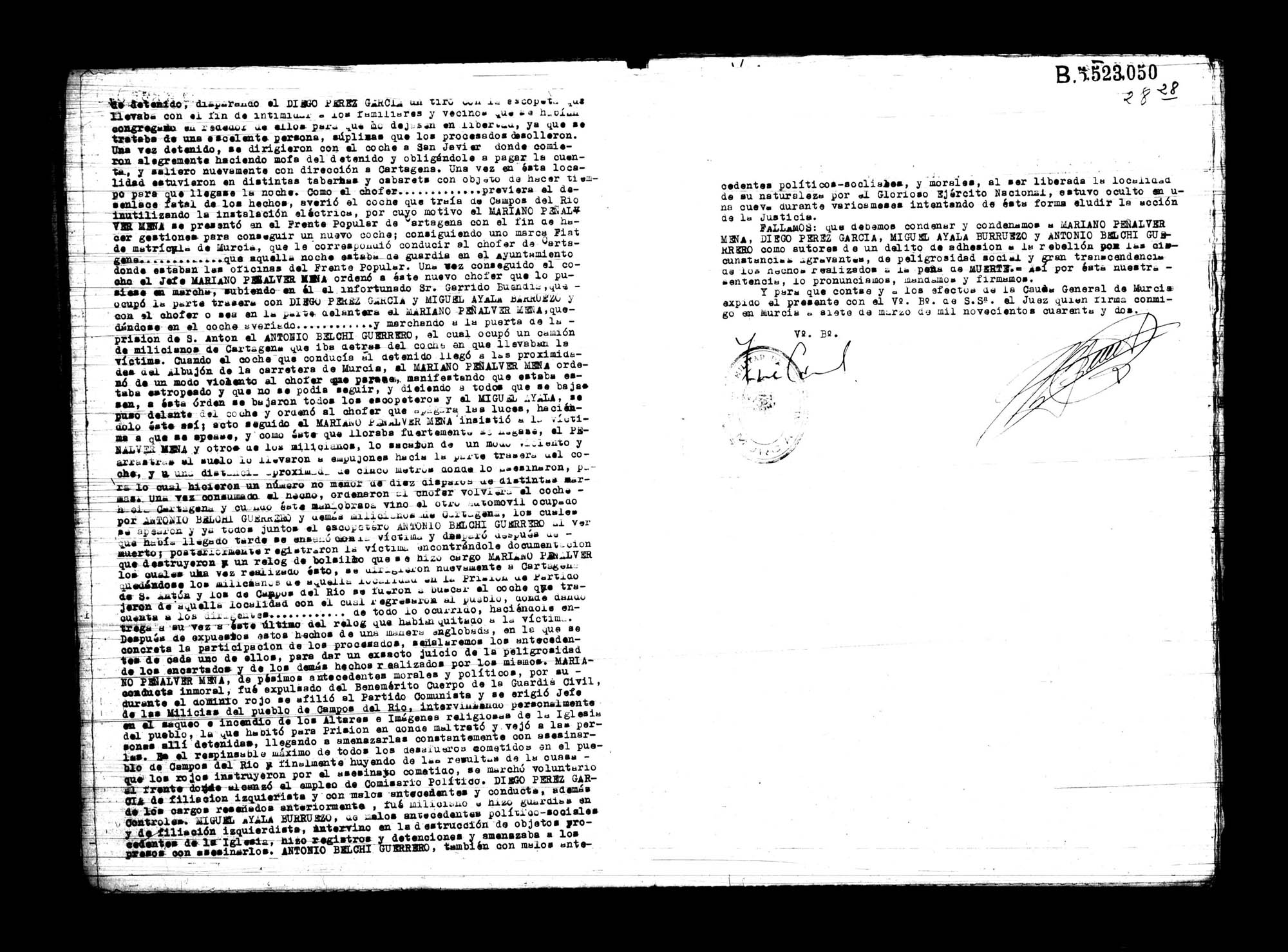 Certificado de la sentencia pronunciada contra Mariano Peñalver Mesa, Diego Pérez García, Miguel Ayala Burruezo y Antonio Belchí Guerrero, causa 2950, el 27 de junio de 1940 en Murcia.