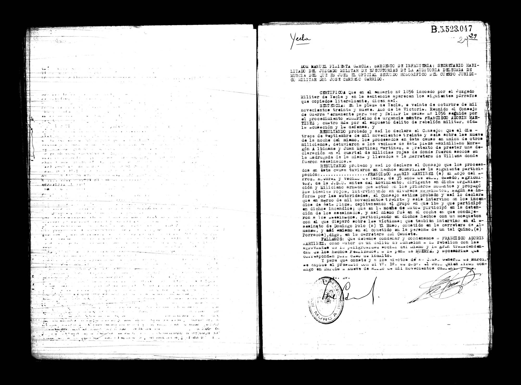 Certificado de la sentencia pronunciada contra Francisco Azorín Martínez, causa 1856, el 20 de octubre de 1939 en Yecla.