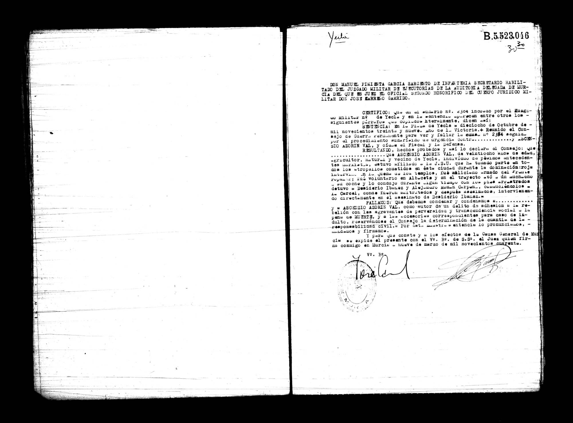 Certificado de la sentencia pronunciada contra Ascensio Azorín Val, causa 2384, el 18 de octubre de 1939 en Yecla.