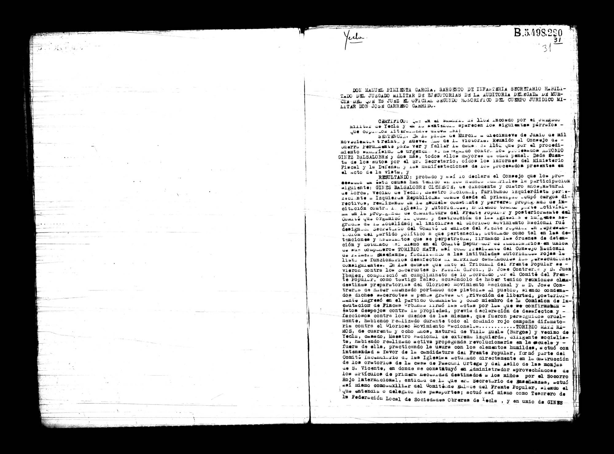 Certificado de la sentencia pronunciada contra Antonio Giner Balsalobre, causa 1162, el 19 de junio de 1939 en Murcia.