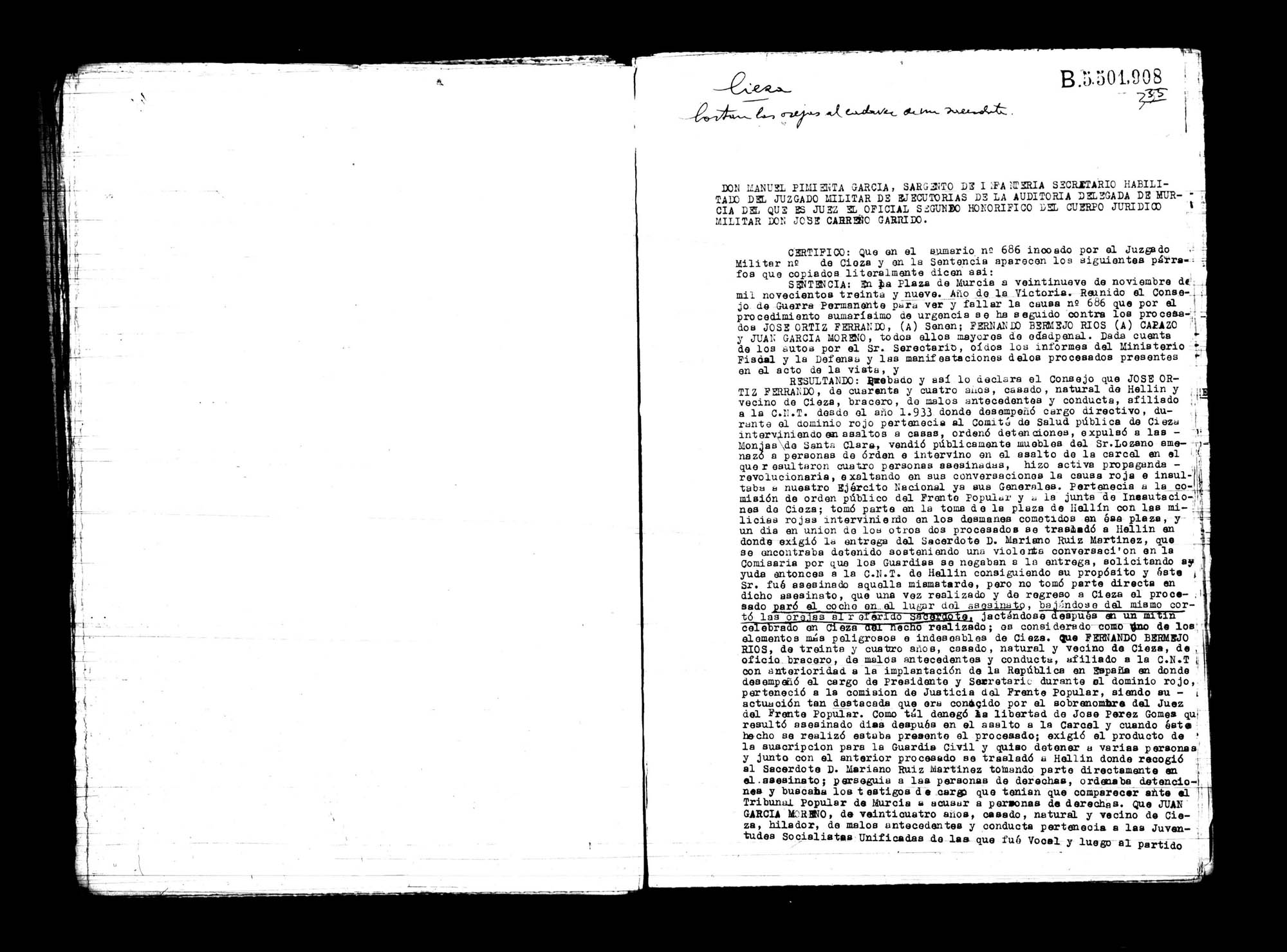 Certificado de la sentencia pronunciada contra José Ortiz Ferrando, Fernando Bermejo Ríos y Juan García Moreno, causa 686, el 29 de noviembre de 1939.