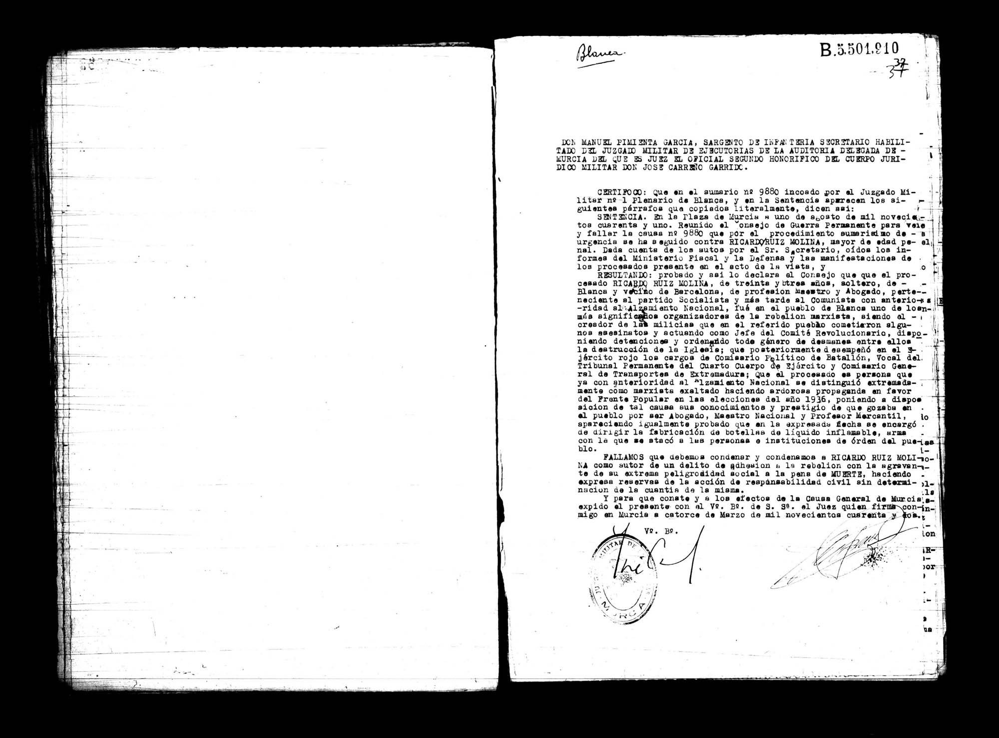 Certificado de la sentencia pronunciada contra Ricardo Ruiz Molina, causa 9880, el 1 de agosto de 1941.