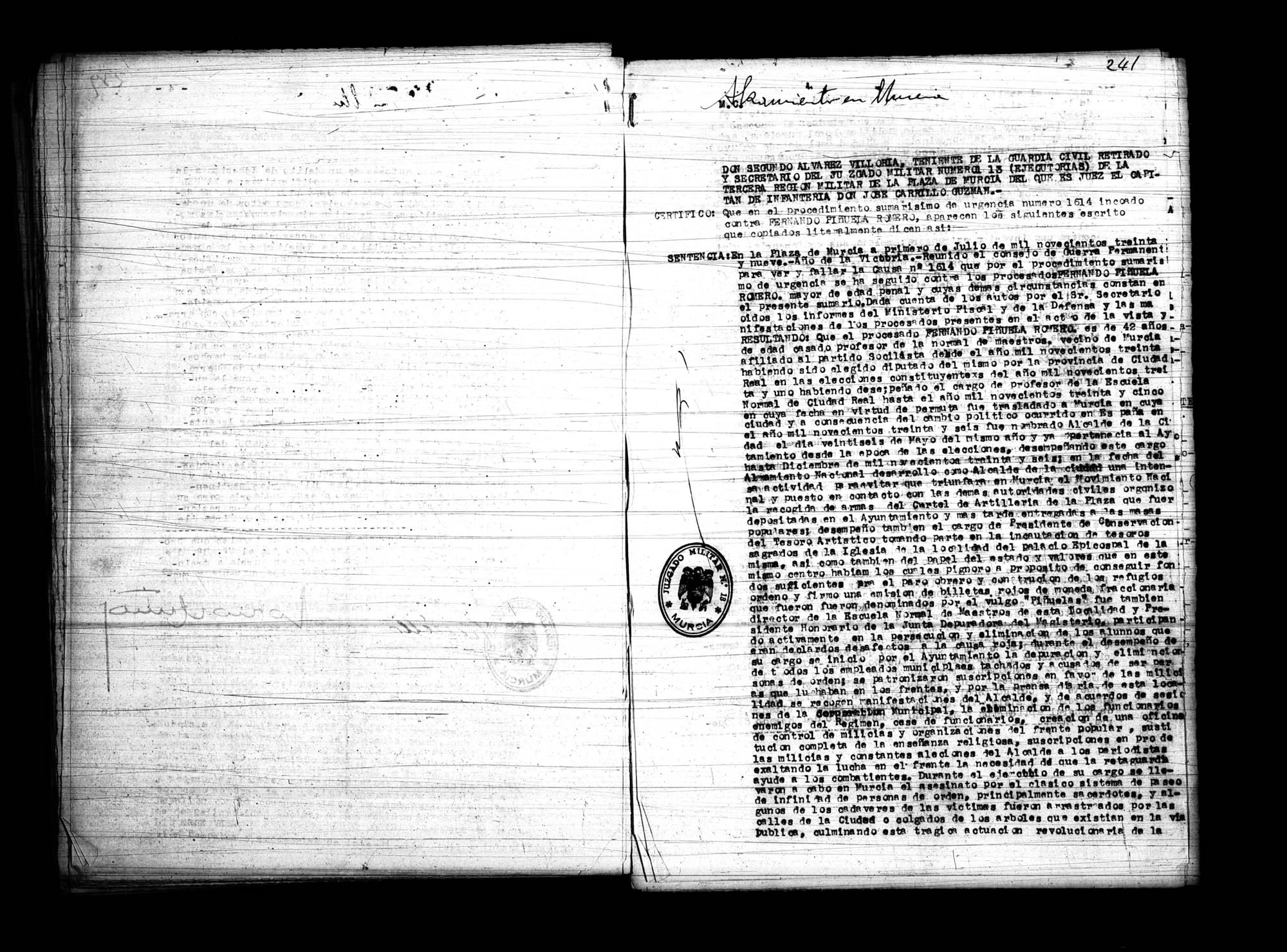 Certificado de la sentencia pronunciada contra Fernando Piñuela Romero, causa 1614, el 1 de julio de 1939 en Murcia.