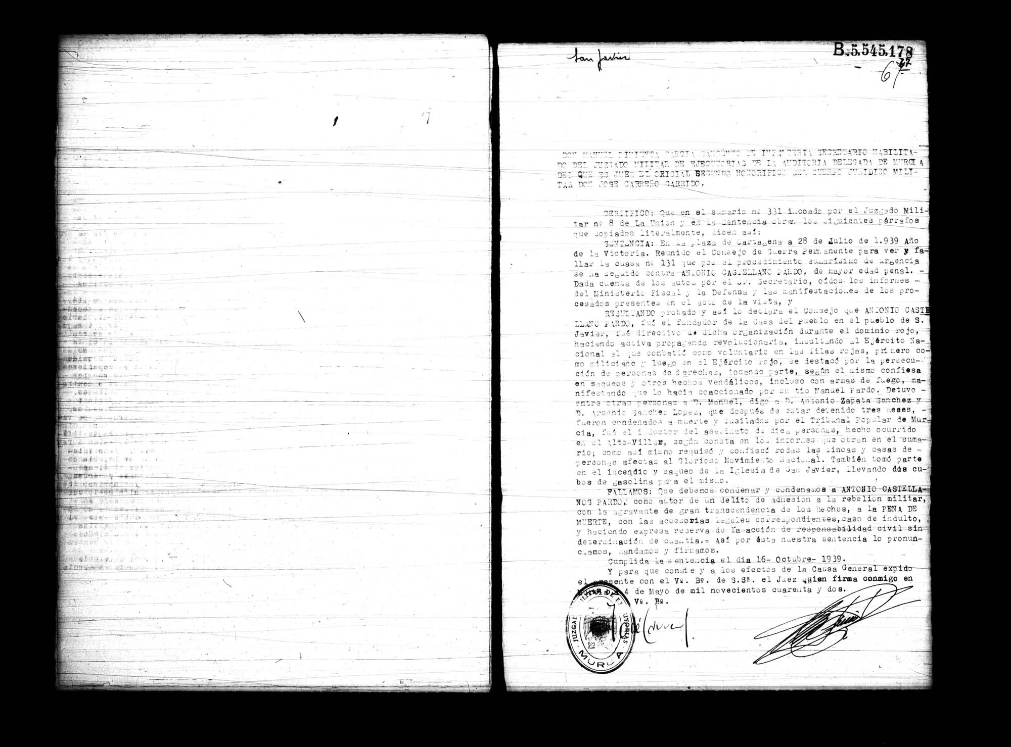 Certificado de la sentencia pronunciada contra Antonio Castellano Pardo, causa 331, el 28 de julio de 1939 en Cartagena.