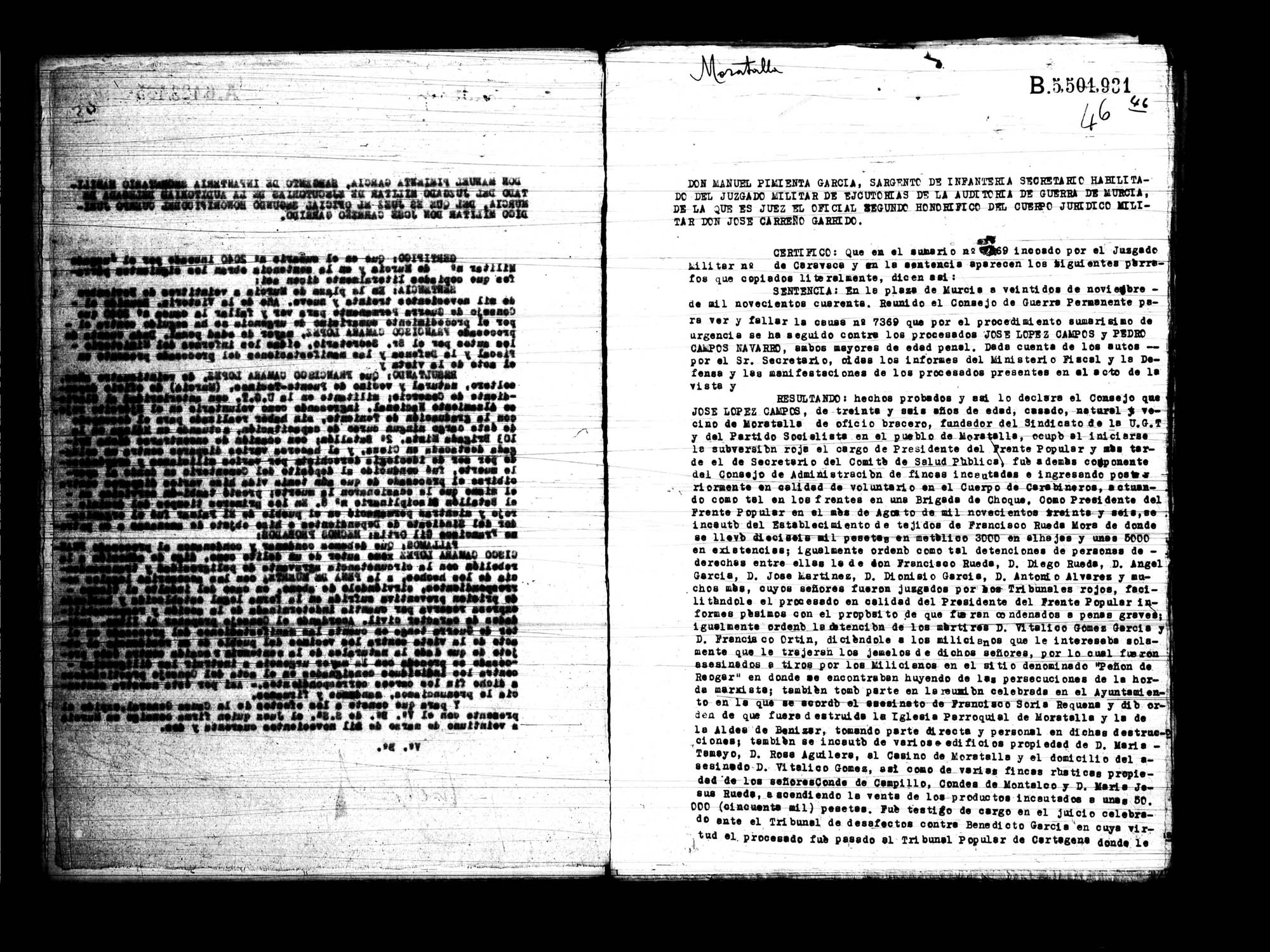 Certificado de la sentencia pronunciada contra José López Campos, causa 7369, el 22 de noviembre de 1940 en Murcia.