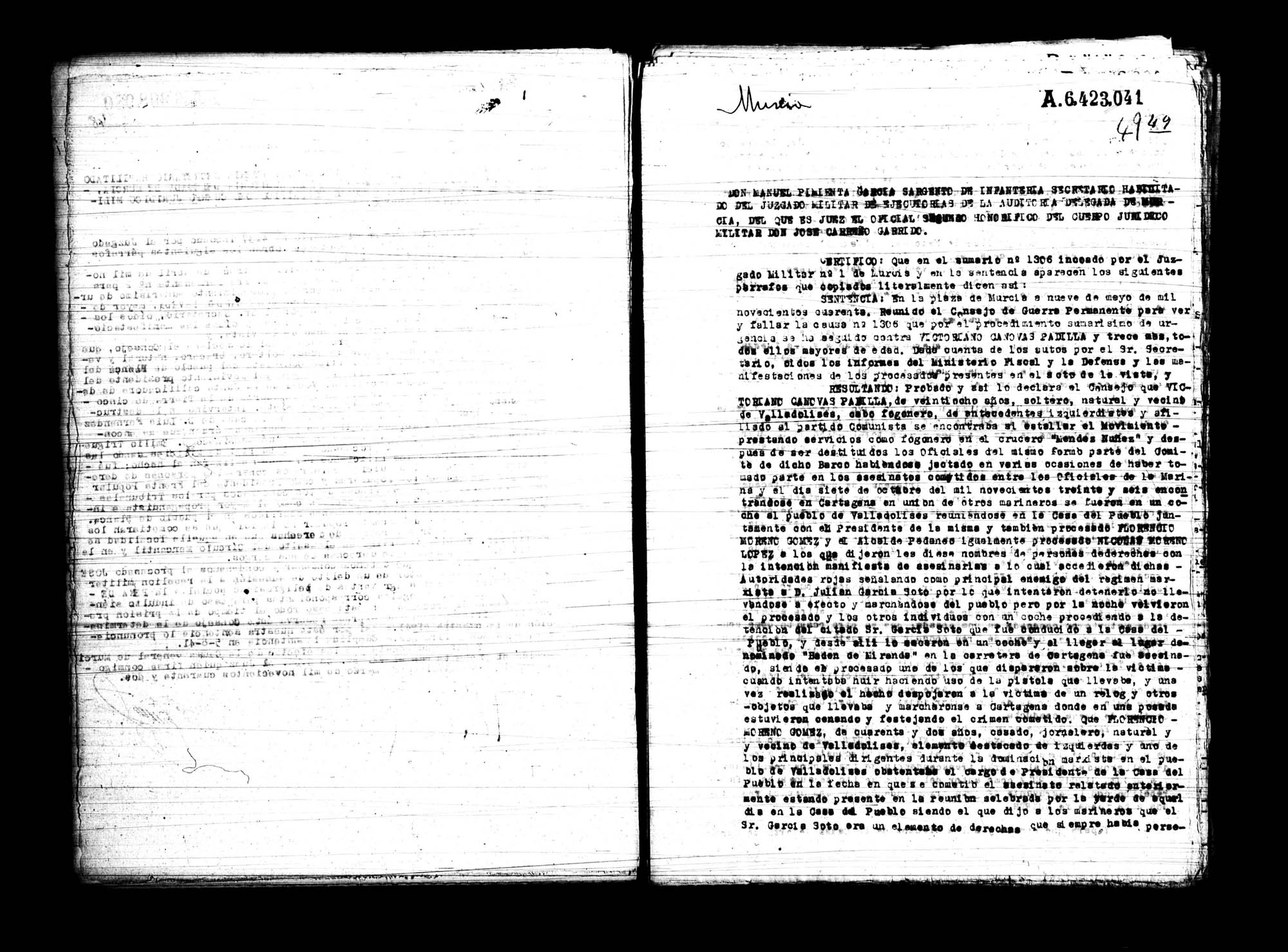 Certificado de la sentencia pronunciada contra Victoriano Cánovas Padilla, Florencio Moreno Gómez, Nicolás Moreno López y Miguel Sánchez Ruiz, causa 1306, el 9 de mayo de 1940 en Murcia.