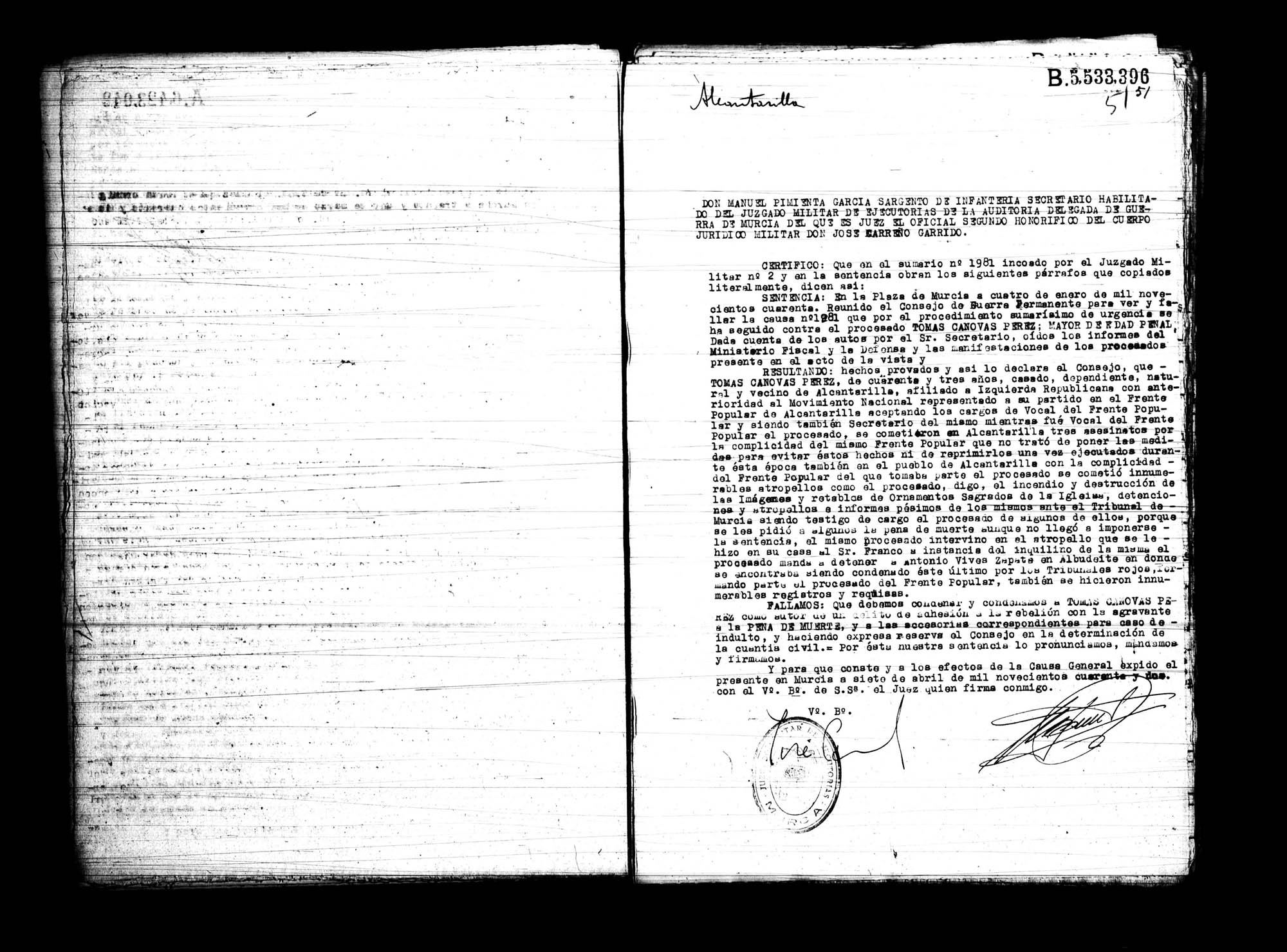 Certificado de la sentencia pronunciada contra Tomás Cánovas Pérez, causa 1981, el 4 de enero de 1940.