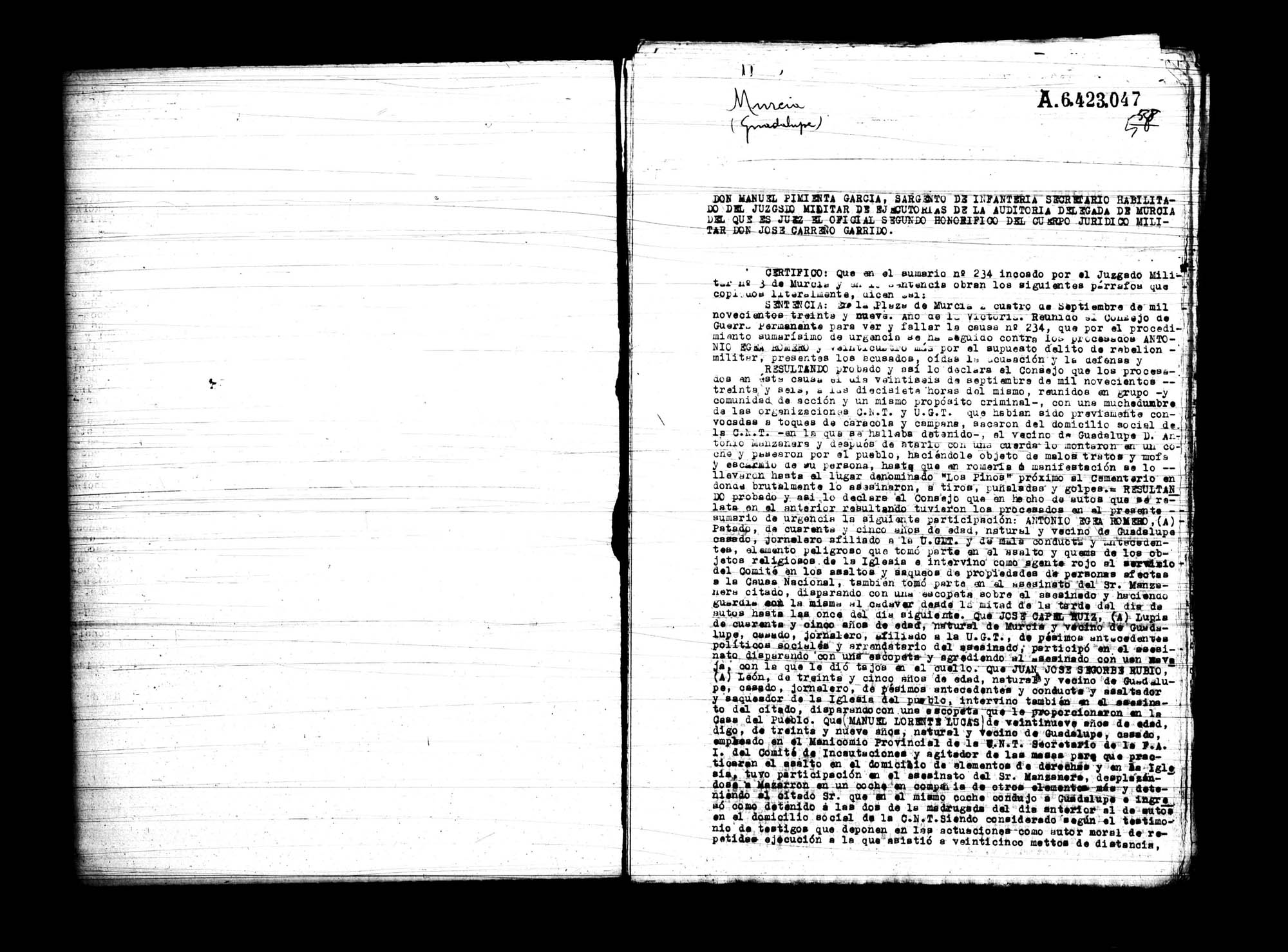 Certificado de la sentencia pronunciada contra Antonio Egea Romero y varios reos más, causa 234, el 4 de septiembre de 1939 en Murcia.