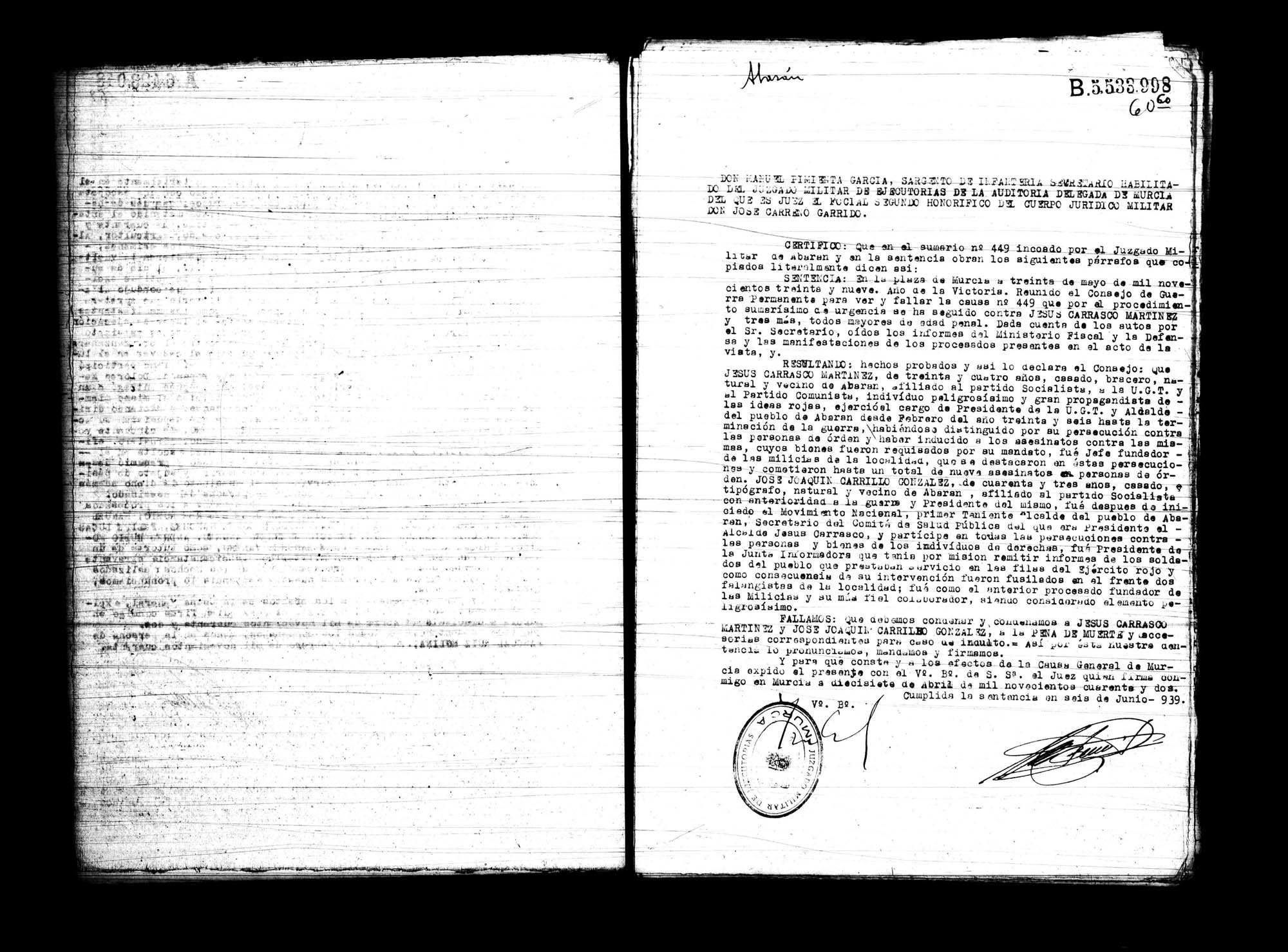 Certificado de la sentencia pronunciada contra Jesús Carrasco Martínez y José Joaquín Carrillo González, causa 449, el 30 de mayo de 1939 en Murcia.