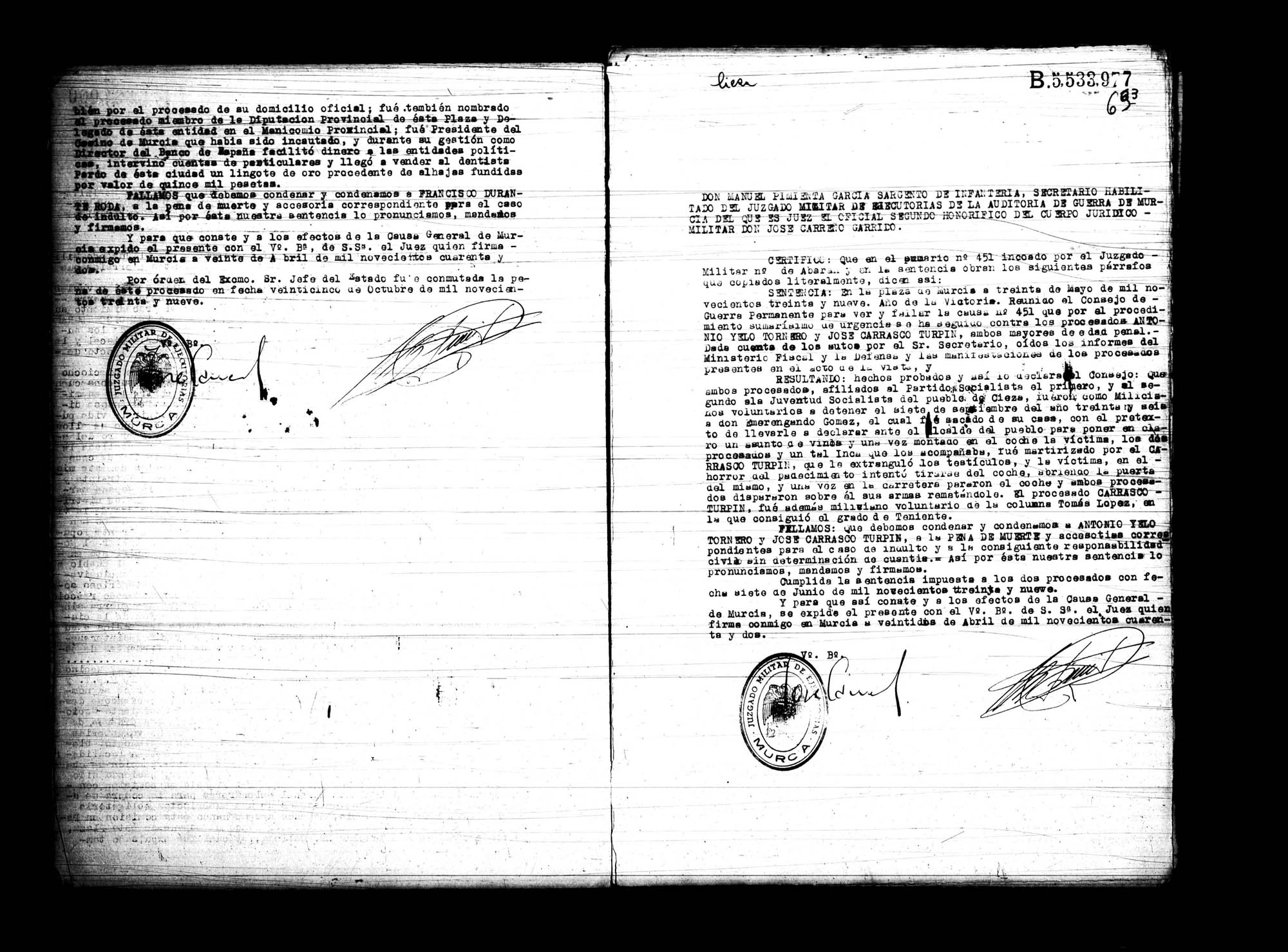 Certificado de la sentencia pronunciada contra Francisco Durante Roda, causa 133, el 1 de julio de 1939 en Murcia.