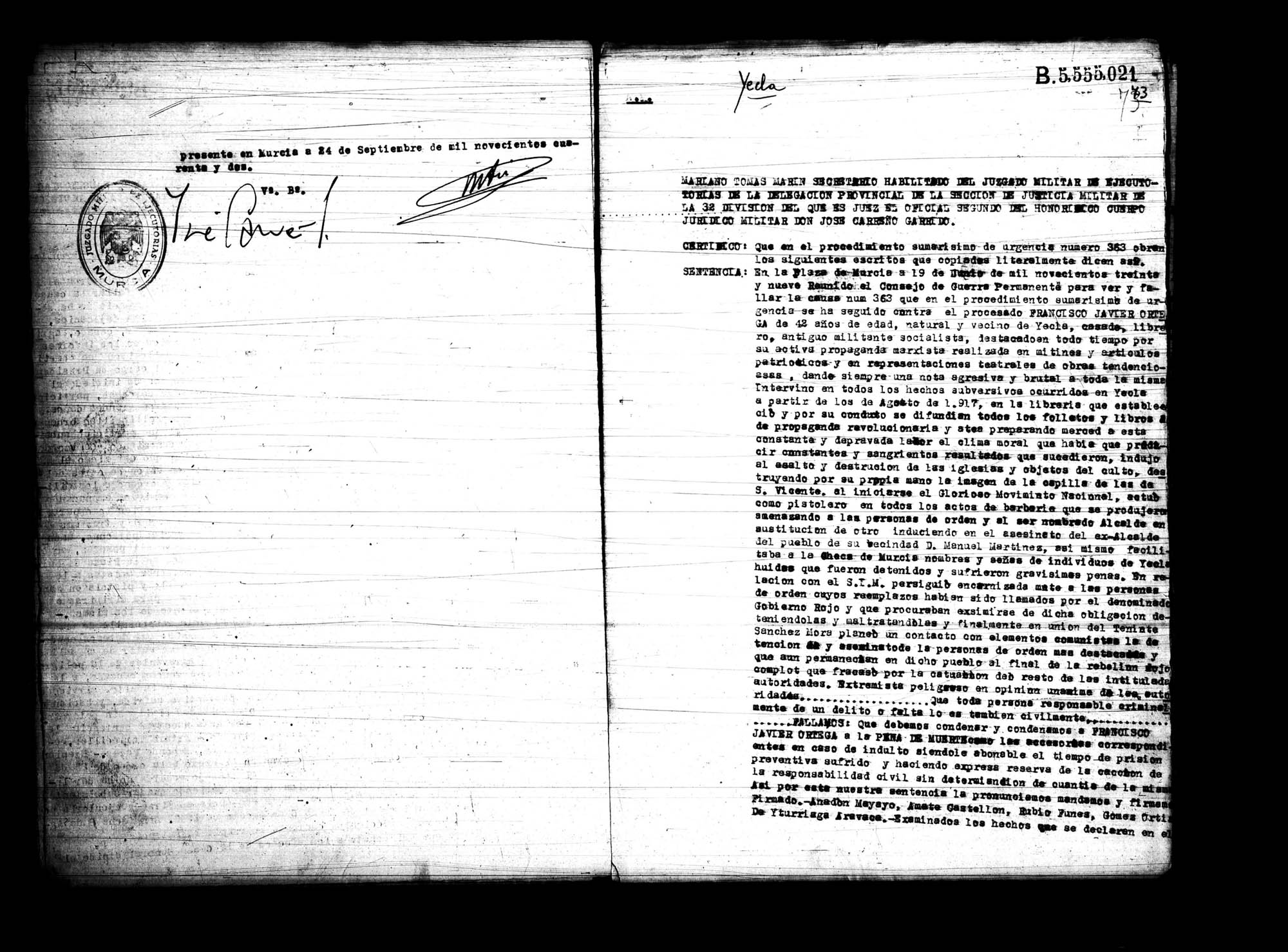 Certificado de la sentencia pronunciada contra Antonio Iniesta Espinosa, causa  83, el 24 de septiembre de 1942 en Murcia.