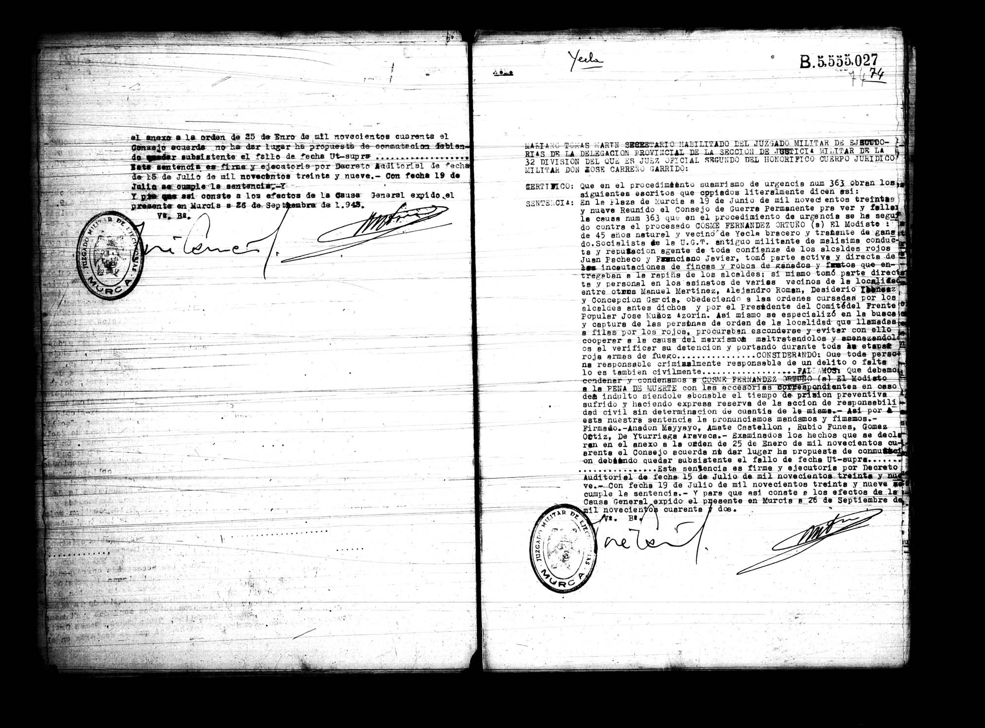 Certificado de la sentencia pronunciada contra Francisco Javier Ortega, causa 363, el 19 de junio de 1939 en Murcia.