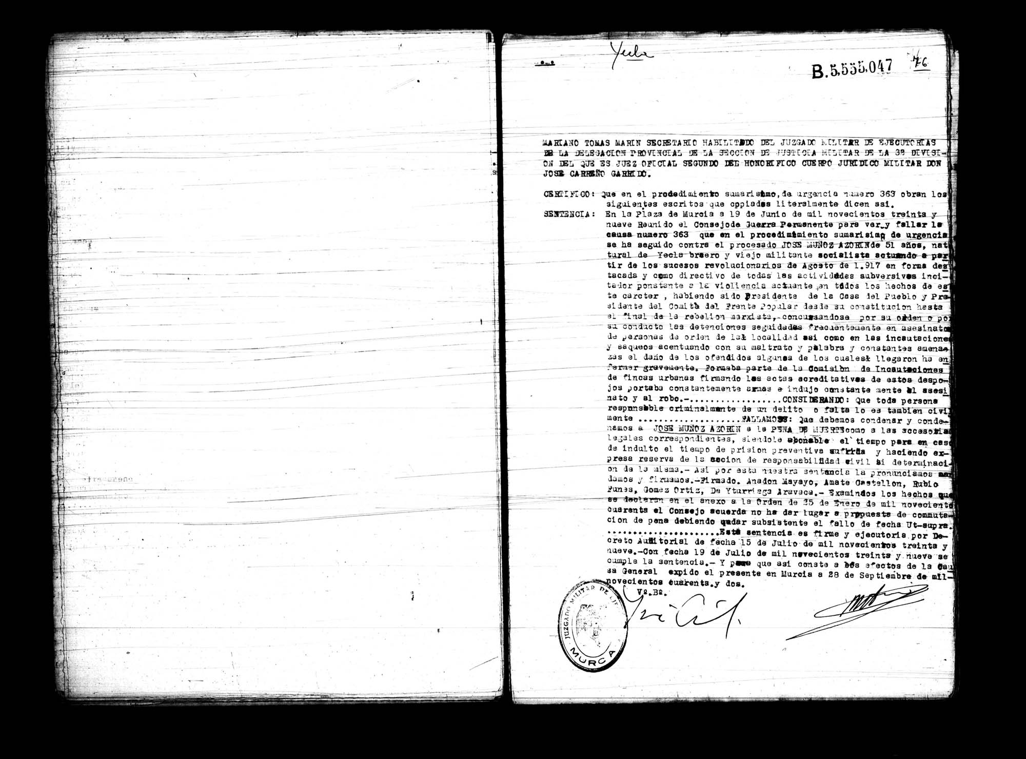Certificado de la sentencia pronunciada contra José Muñoz Azorín, causa 363, el 19 de junio de 1939 en Murcia.