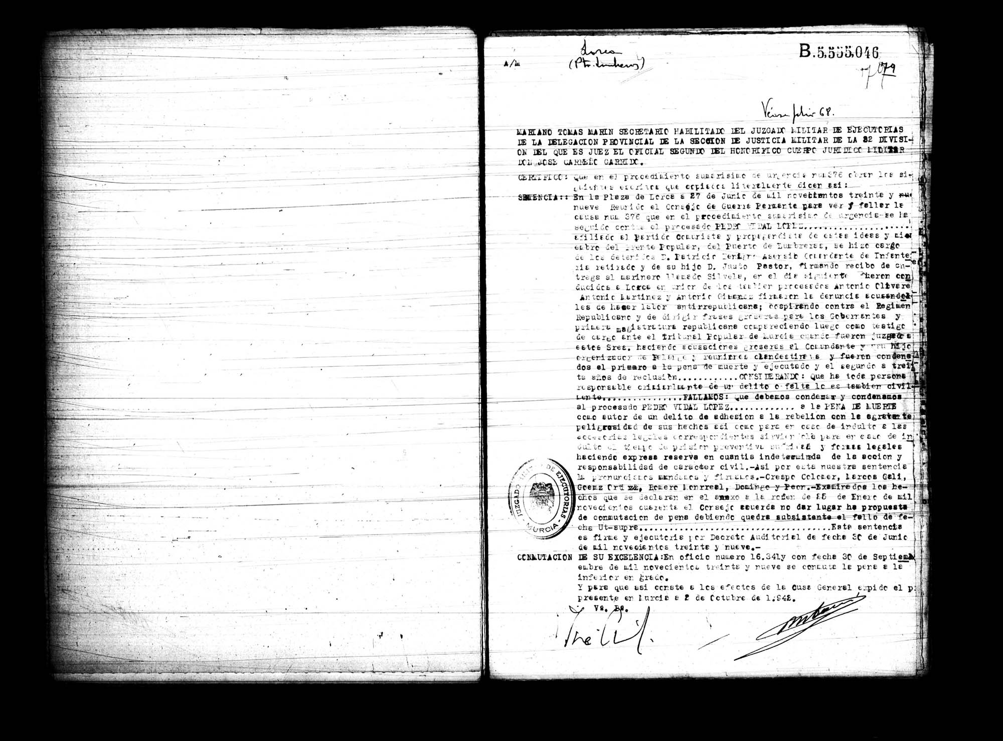 Certificado de la sentencia pronunciada contra Pedro Vidal López, causa 376, el 27 de junio de 1939 en Lorca.