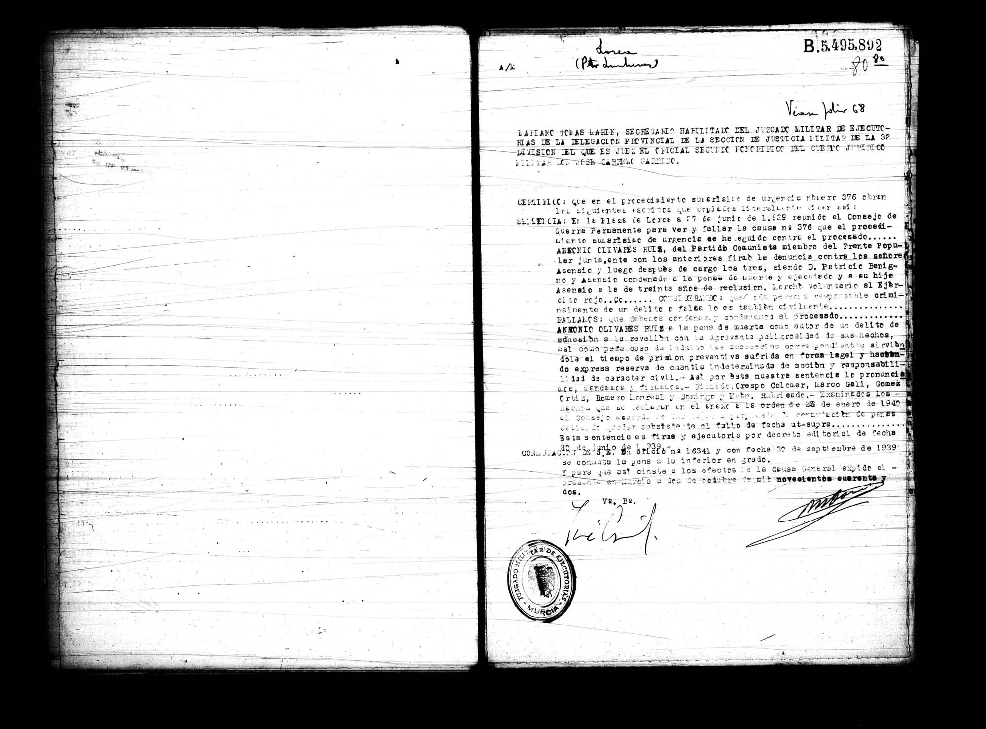 Certificado de la sentencia pronunciada contra Antonio Olivares Ruiz, causa 376, el 27 de junio de 1939 en Lorca.