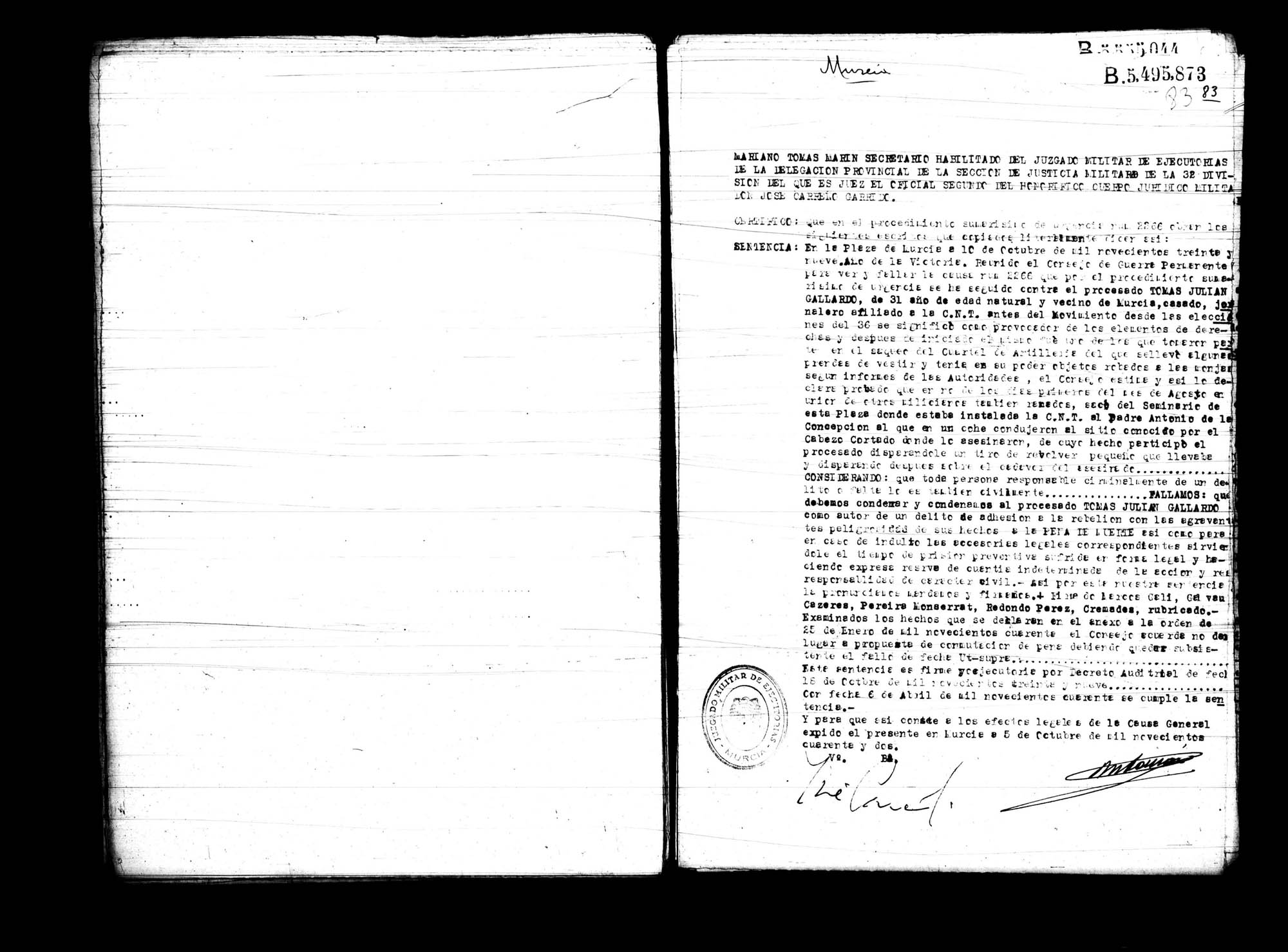 Certificado de la sentencia pronunciada contra Tomás Julián Gallardo, causa  2266, el 10 de octubre de 1939 en Murcia.