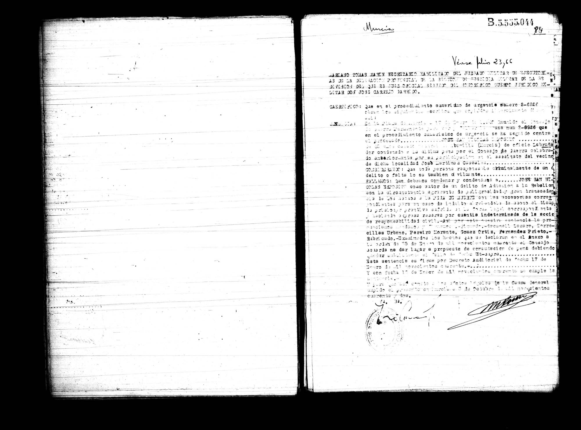 Certificado de la sentencia pronunciada contra José San Nicolás Expósito, causa 2-6926, el 17 de enero de 1940 en Murcia.