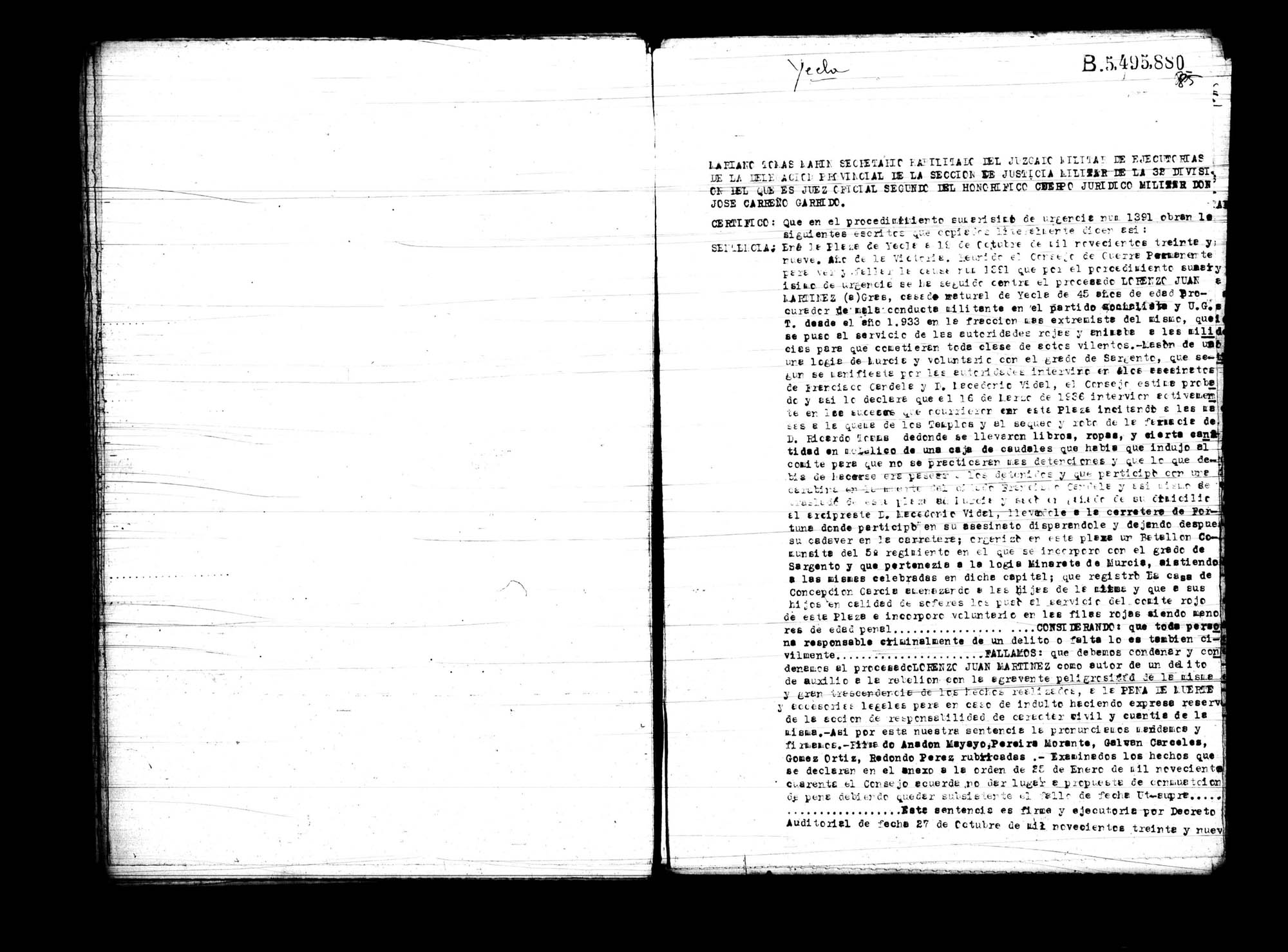Certificado de la sentencia pronunciada contra Lorenzo Juan Martínez Gras, causa 1391, el 19 de octubre de 1939 en Yecla.