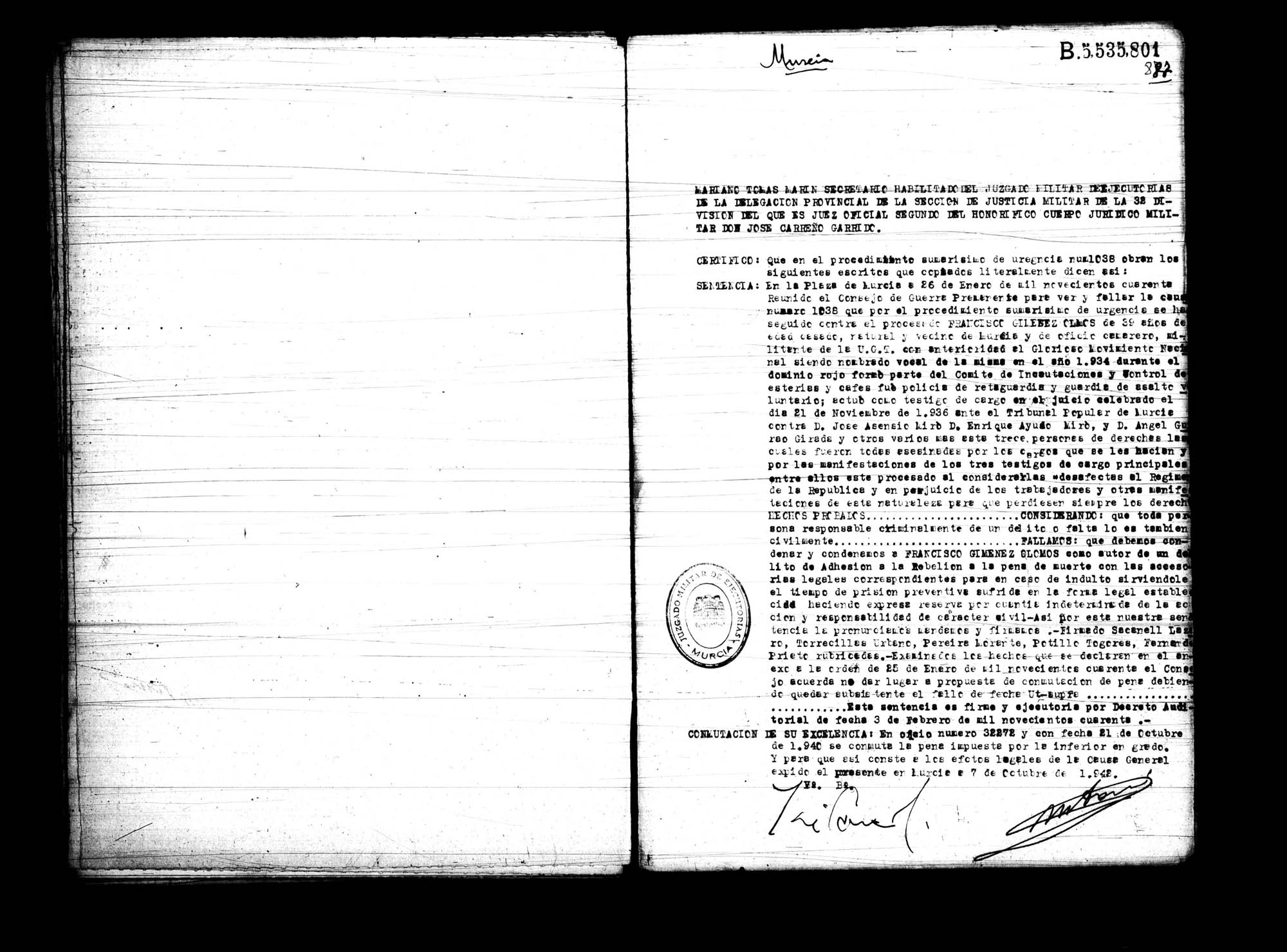 Certificado de la sentencia pronunciada contra Francisco Giménez Olmos, causa 1038, el 26 de enero de 1940 en Murcia.