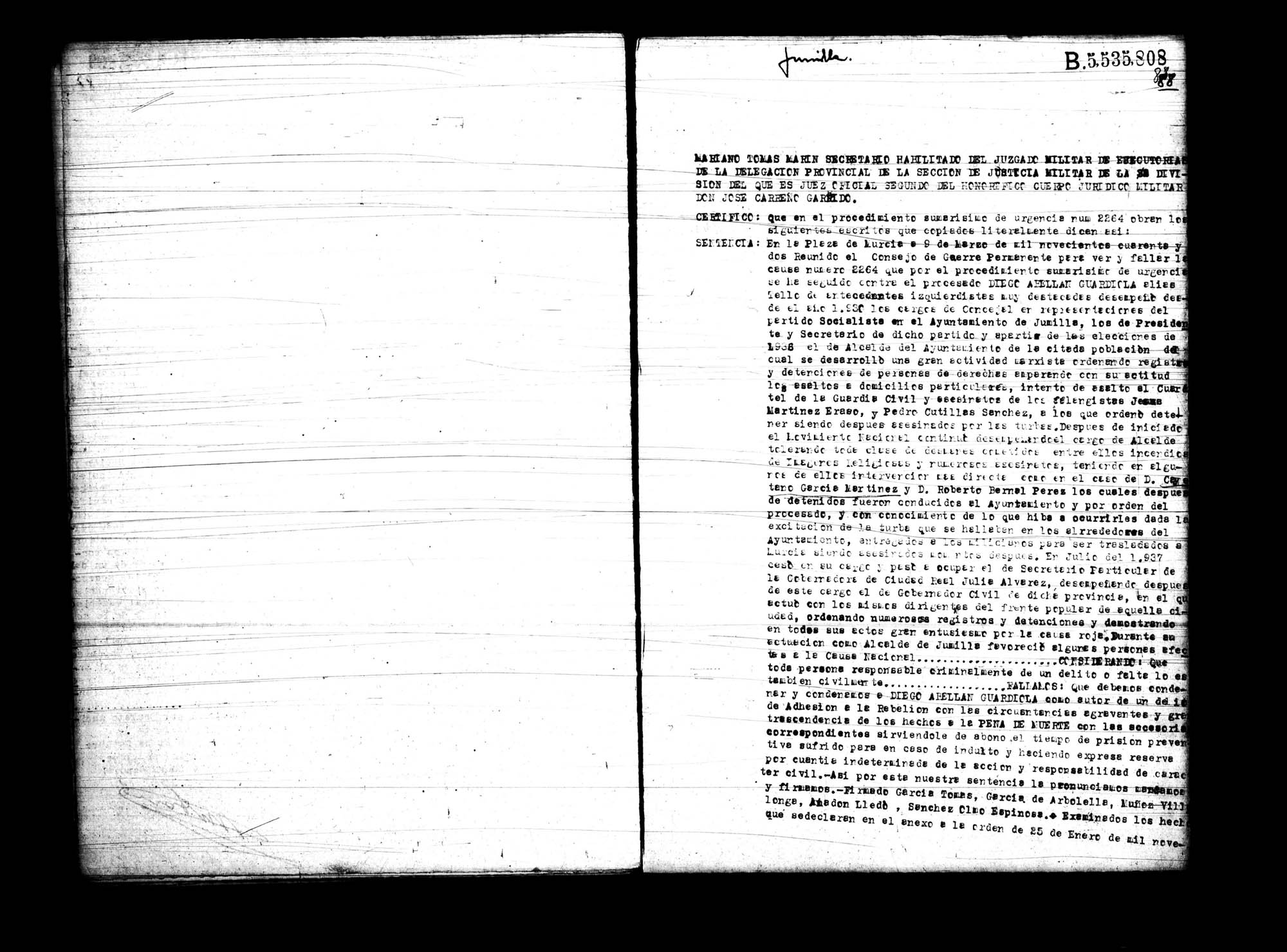 Certificado de la sentencia pronunciada contra Diego Abellán Guardiola, causa 2264, el 9 de marzo de 1942 en Murcia.