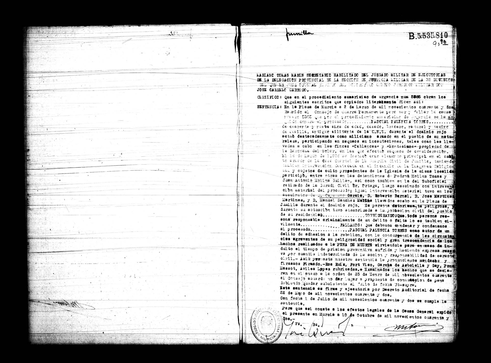 Certificado de la sentencia pronunciada contra Pascual Palencia Torres, causa 5385, el 2 de marzo de 1942.