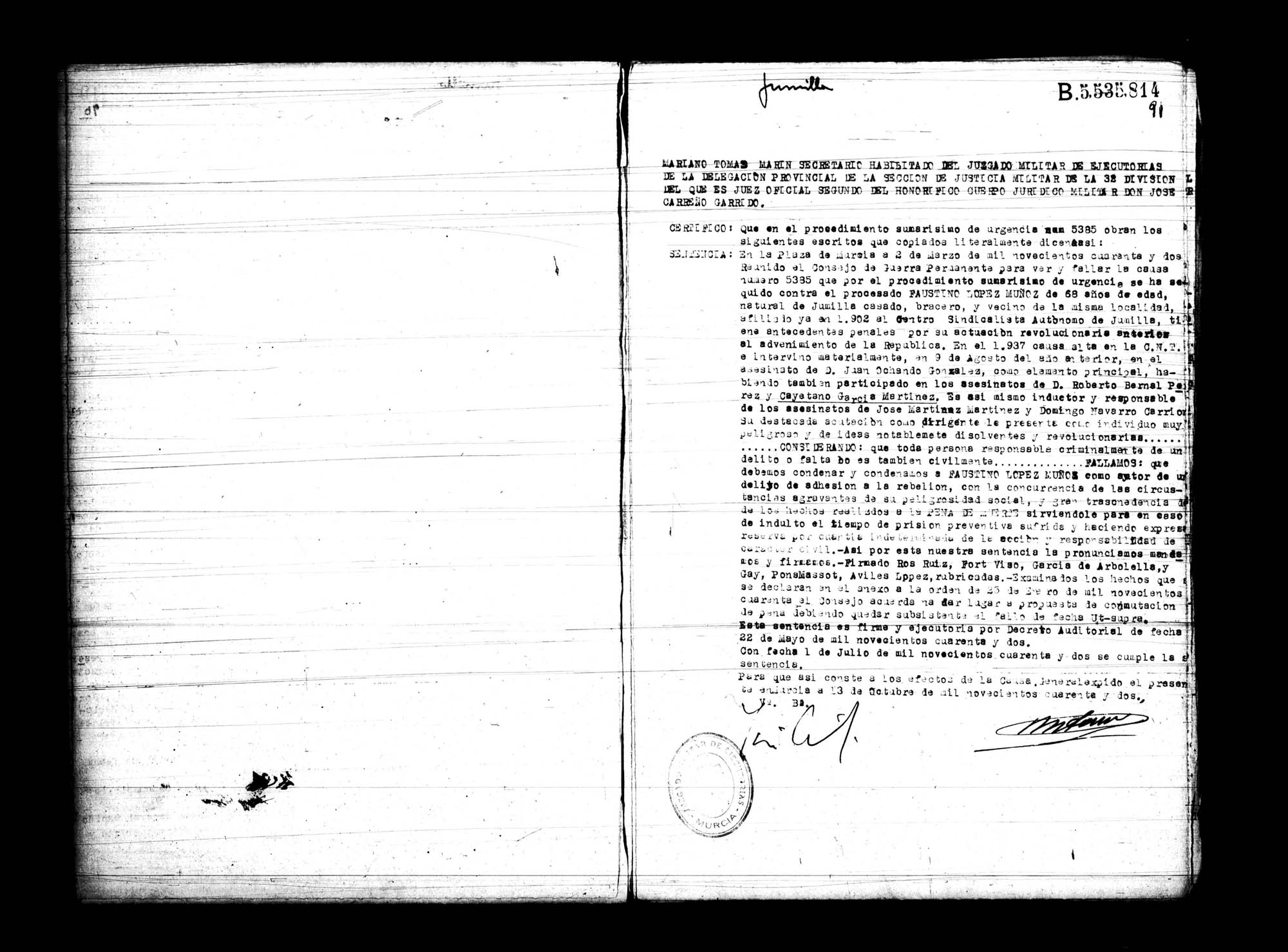 Certificado de la sentencia pronunciada contra Faustino López Muñoz, causa 5385, el 2 de marzo de 1942 en Murcia.