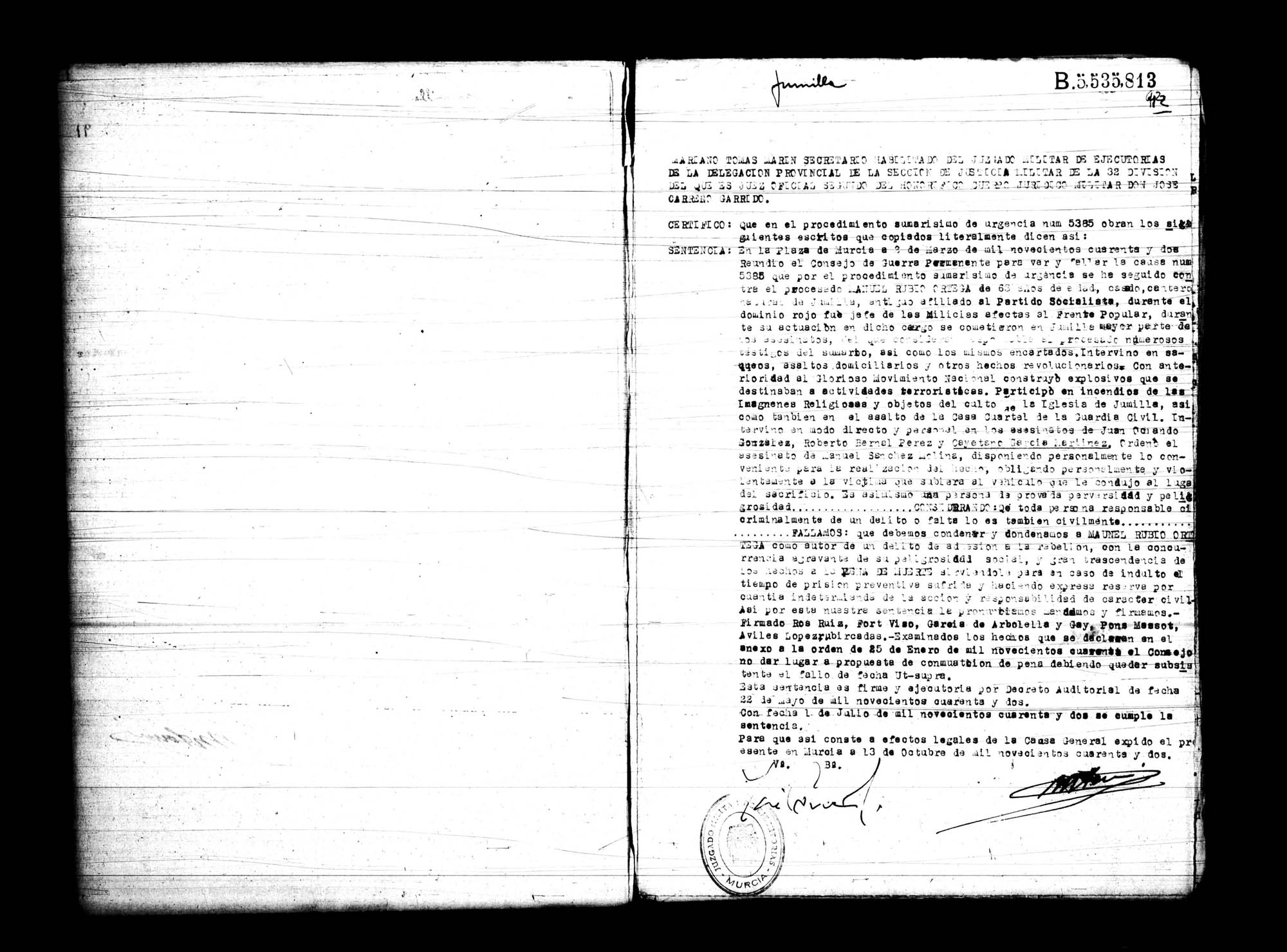 Certificado de la sentencia pronunciada contra Manuel Rubio Ortega, causa 5385, el 2 de marzo de 1942 en Murcia.