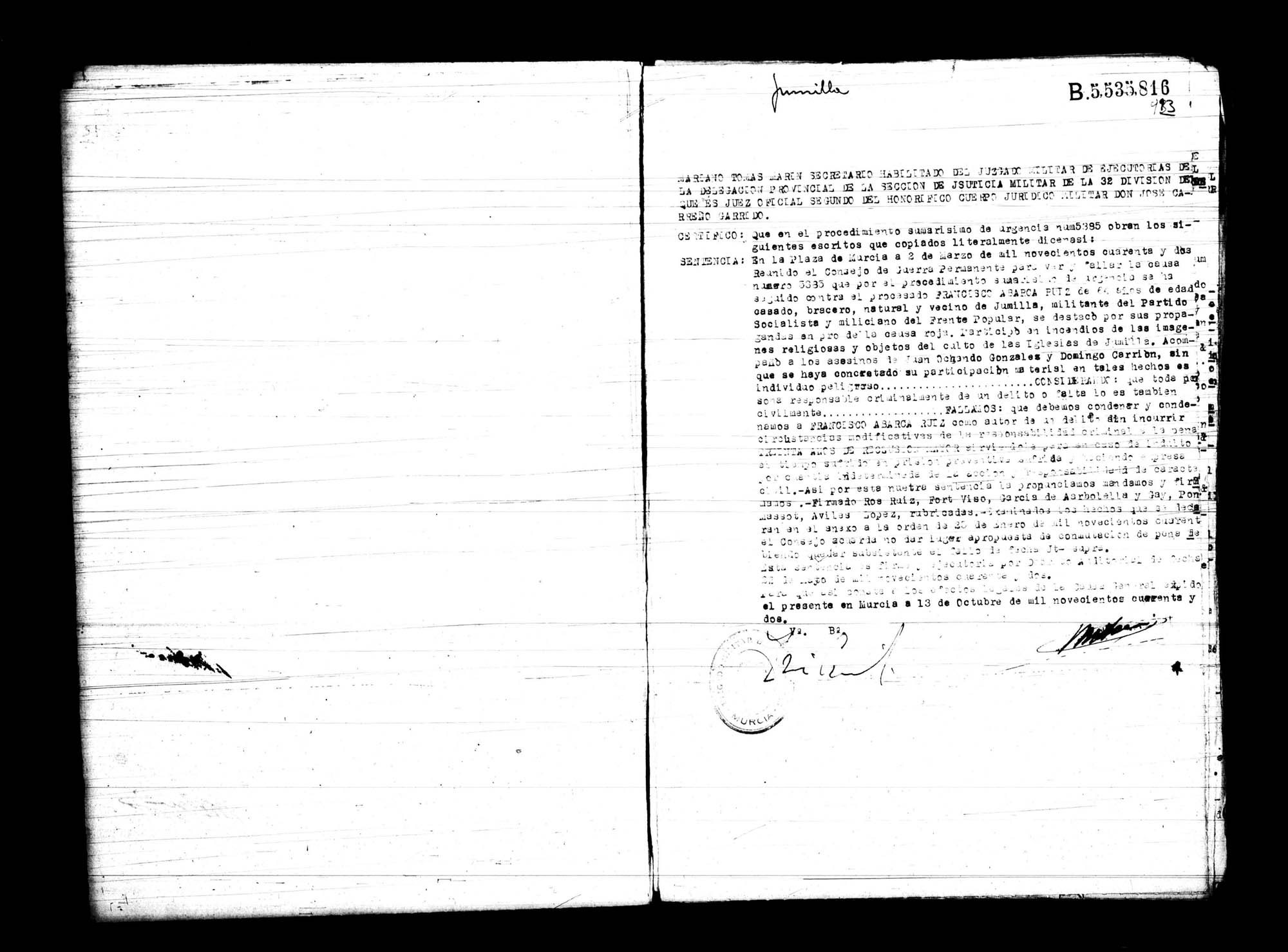 Certificado de la sentencia pronunciada contra Francisco Abarca Ruiz, causa 5385, el 2 de marzo de 1942.