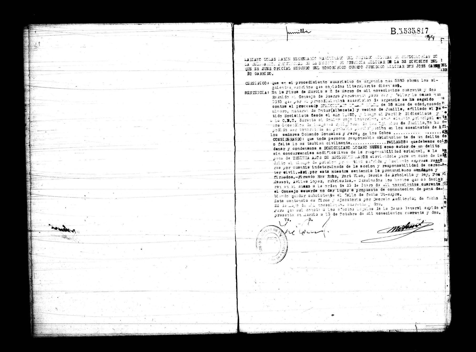 Certificado de la sentencia pronunciada contra Domiciliano Lozano Núñez, causa 5385, el 2 de marzo de 1942 en Murcia.