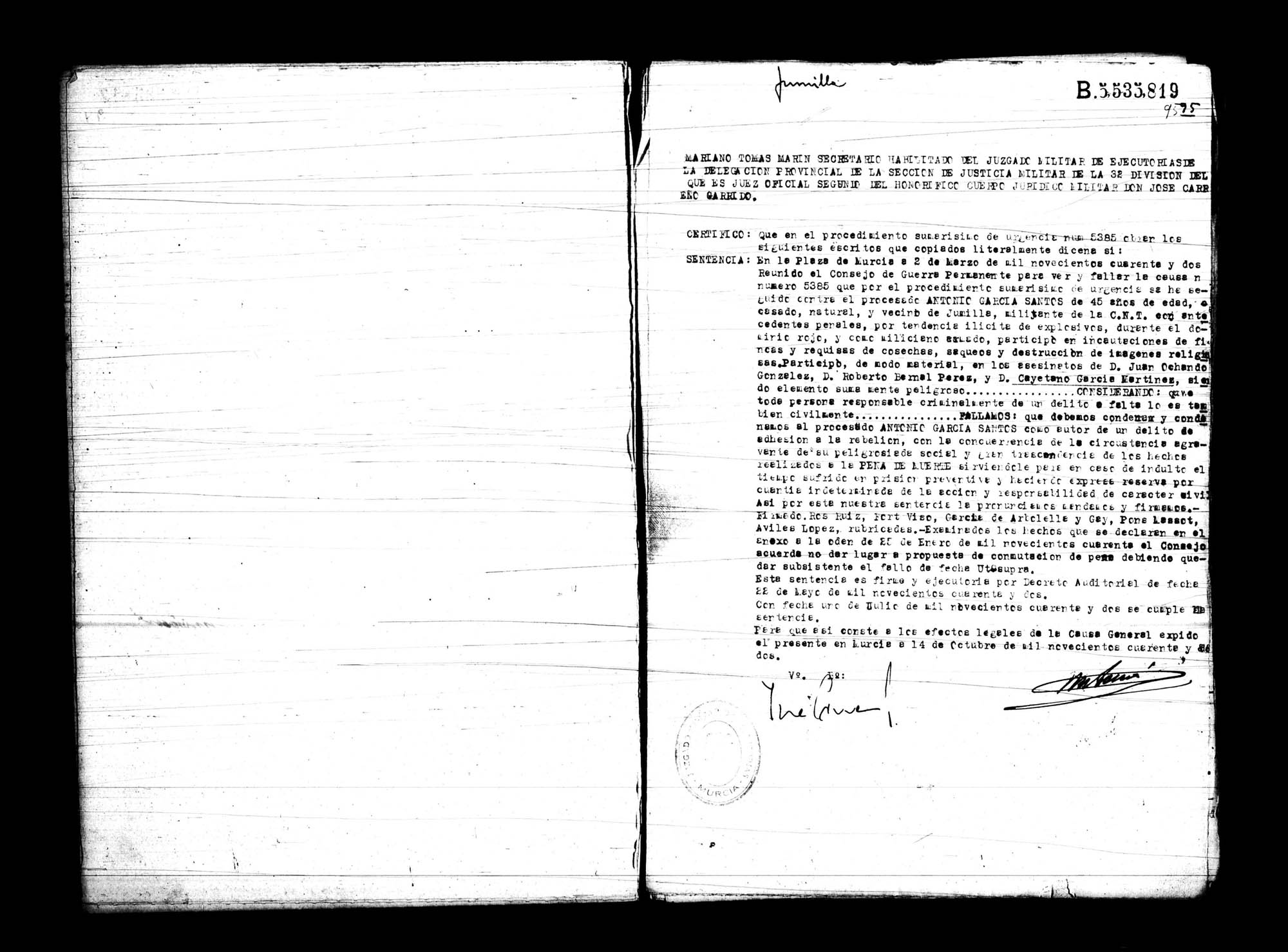 Certificado de la sentencia pronunciada contra Antonio García Santos, causa 5385, el 2 de marzo de 1942.