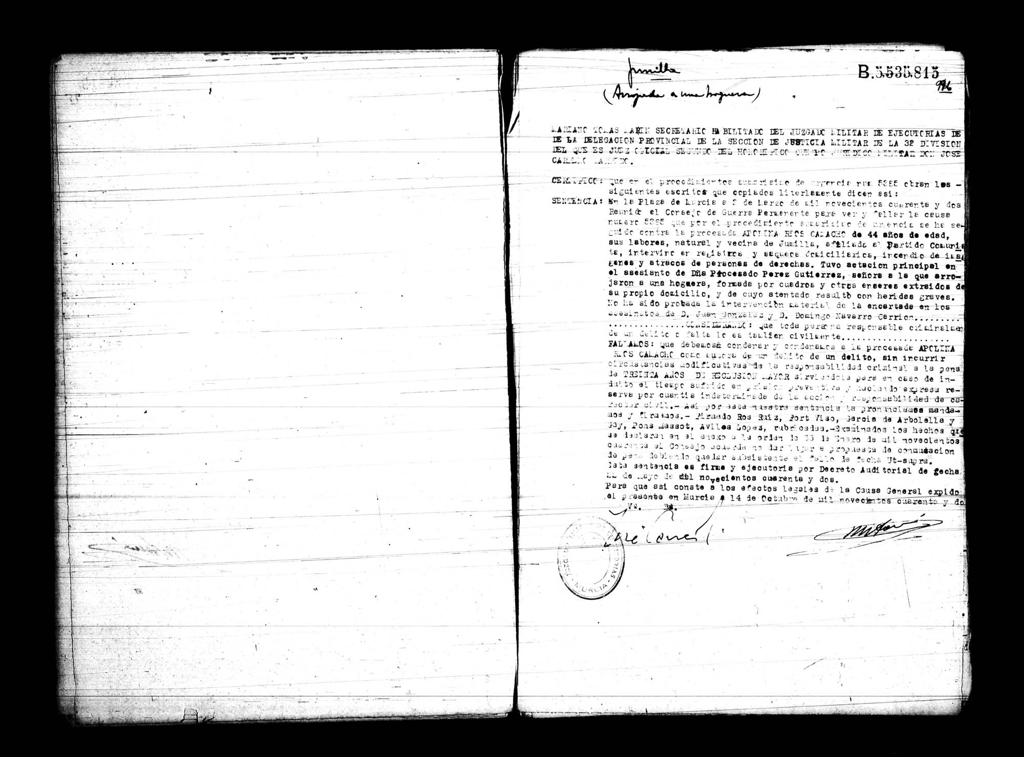 Certificado de la sentencia pronunciada contra Apolina Ríos Camacho, causa 5385, el 2 de marzo de 1942 en Murcia.