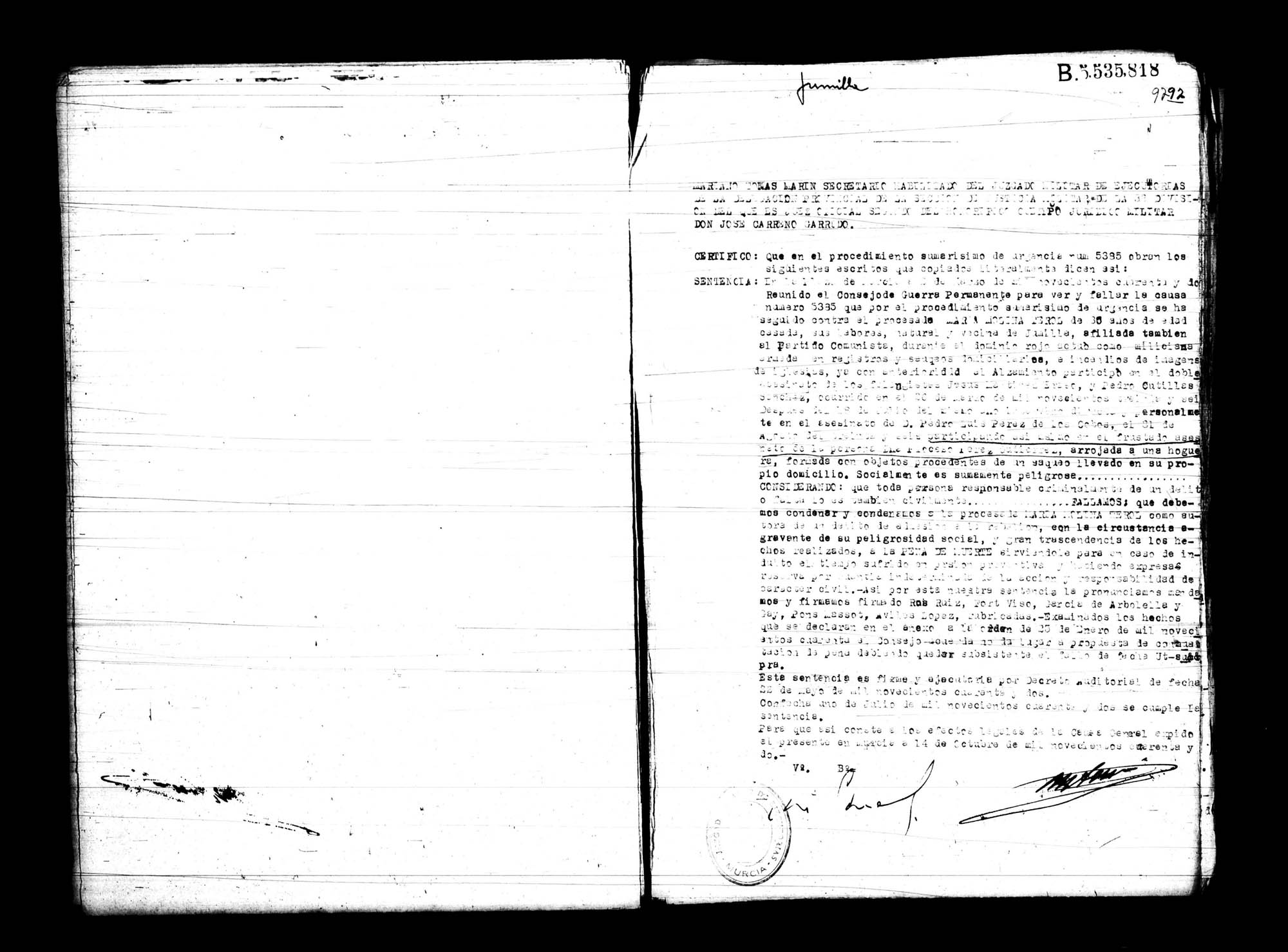 Certificado de la sentencia pronunciada contra María Molina Terol, causa 5385, el 2 de marzo de 1942 en Murcia.