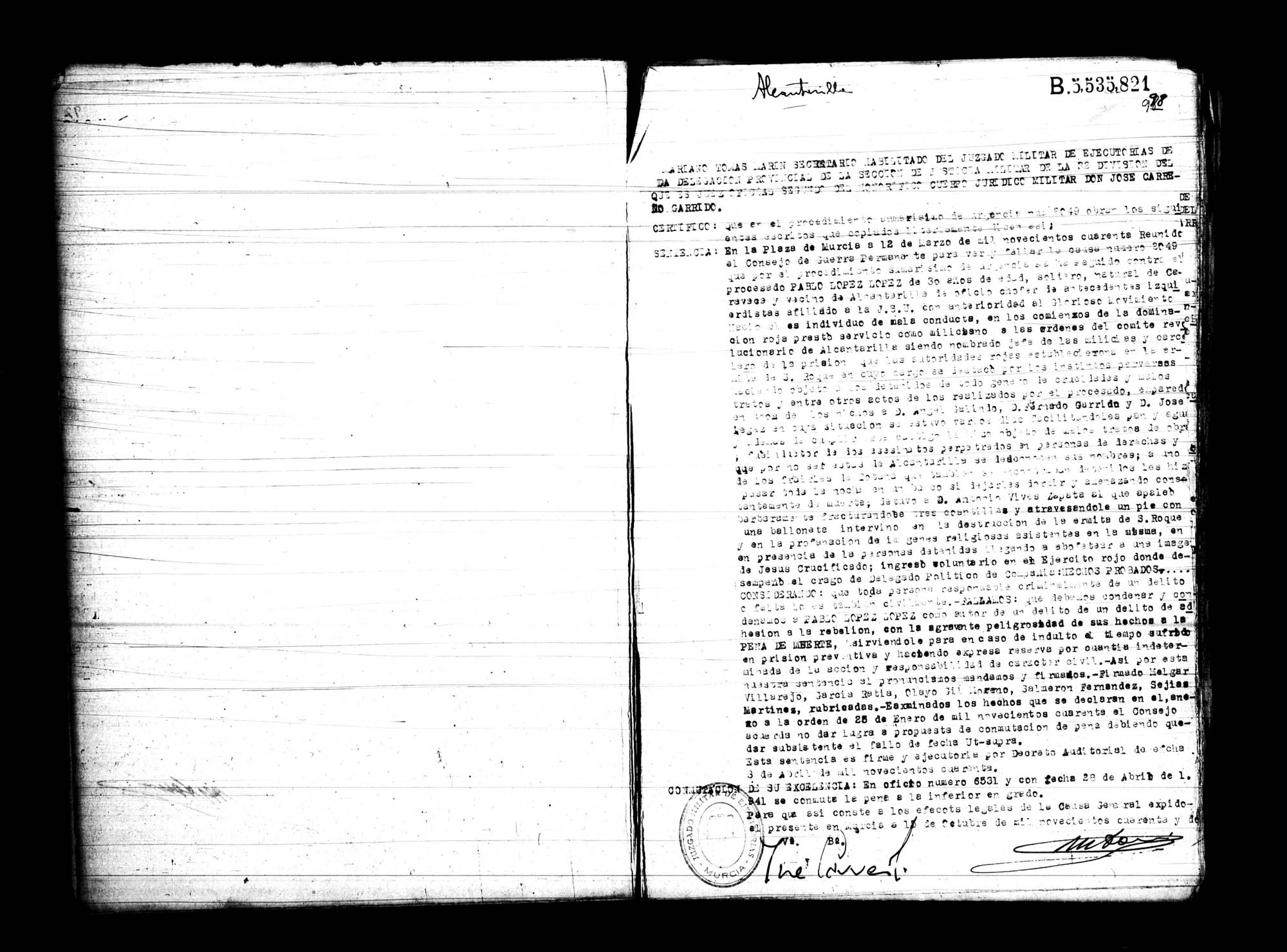 Certificado de la sentencia pronunciada contra Pablo López López, el 12 de marzo de 1940 en Murcia.