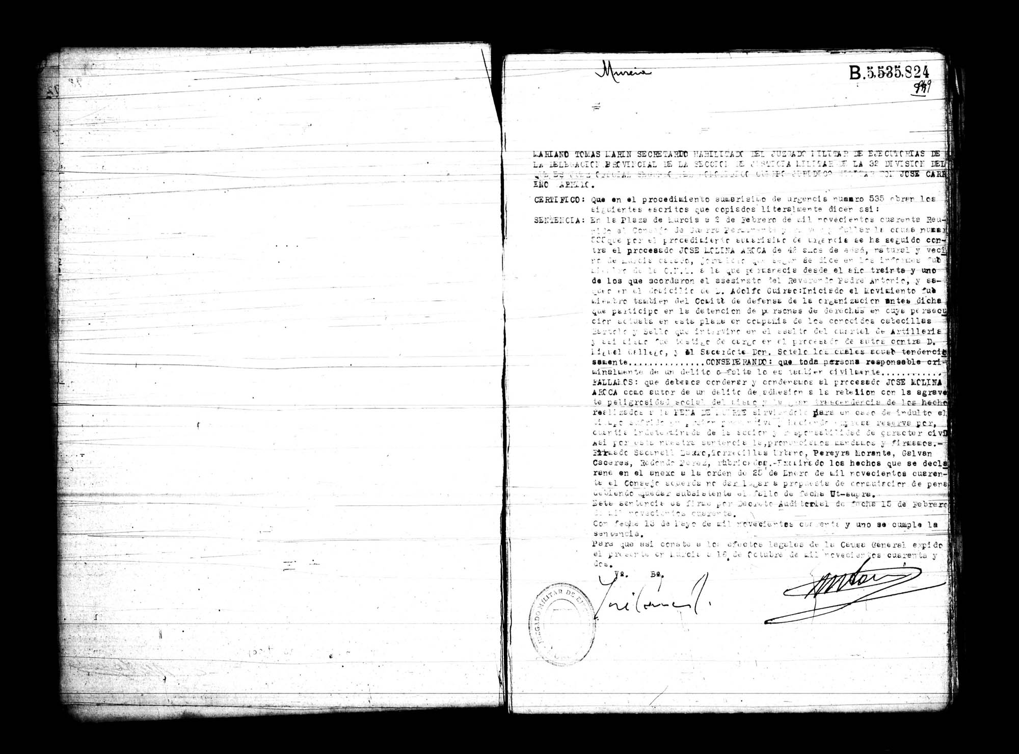 Certificado de la sentencia pronunciada contra José Molina Aroca, causa 535, el 2 de febrero de 1940 en Murcia.