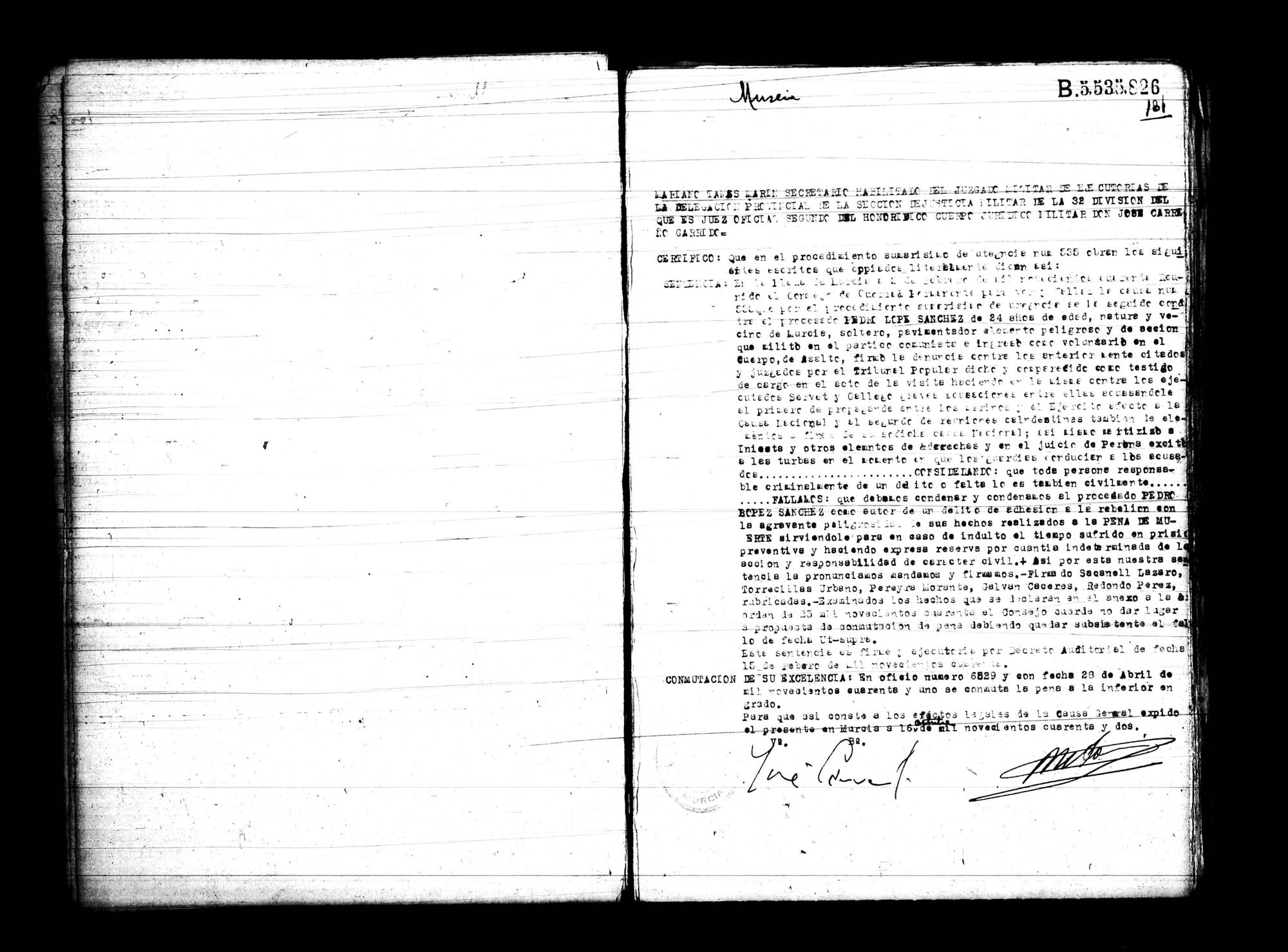 Certificado de la sentencia pronunciada contra Pedro López Sánchez, causa 535, el 16 de octubre de 1942 en Murcia.