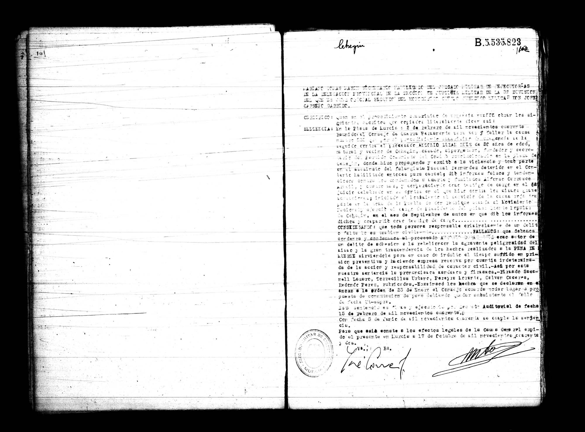 Certificado de la sentencia pronunciada contra Antonio Durán Ruiz, causa 535, el 2 de febrero de 1940 en Murcia.