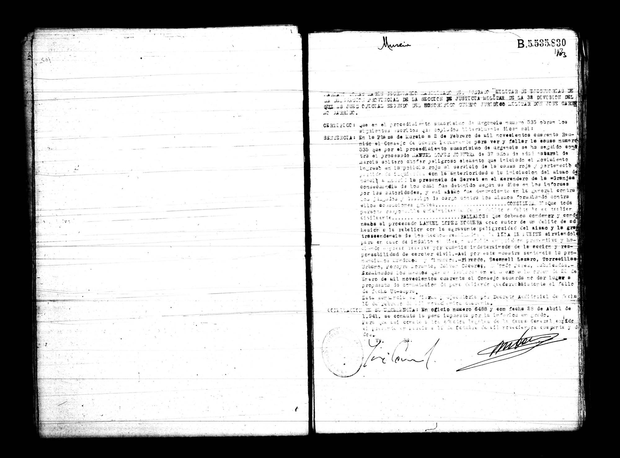Certificado de la sentencia pronunciada contra Manuel López Noguera, causa 535, el 2 de febrero de 1940 en Murcia.