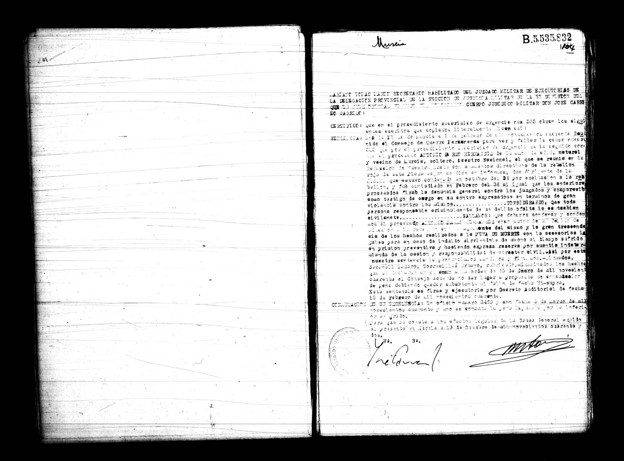 Certificado de la sentencia pronunciada contra Antonio Bardo Hernández, causa 535, el 2 de febrero de 1940 en Murcia.
