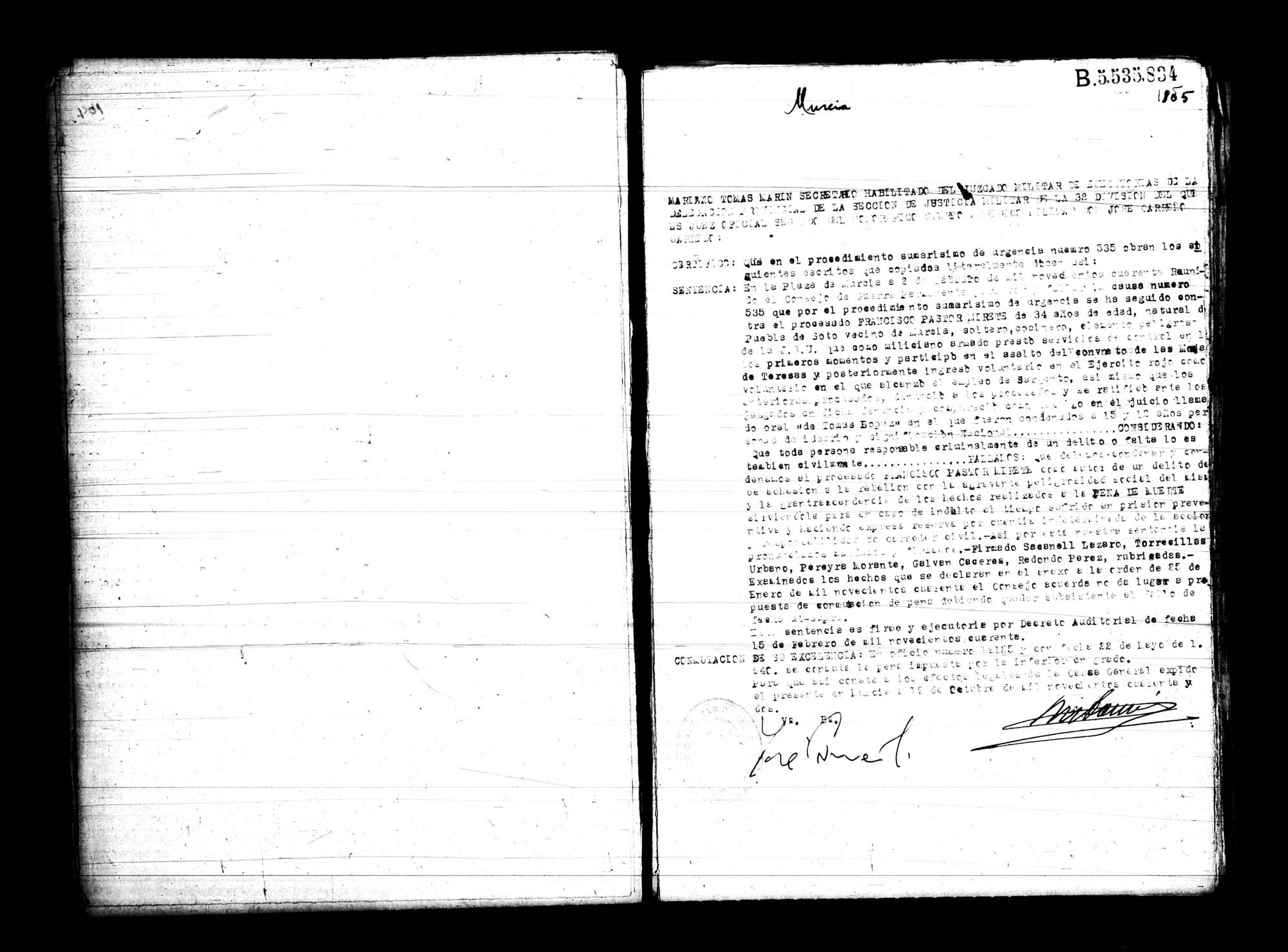 Certificado de la sentencia pronunciada contra Francisco Pastor Mirete, causa 535, el 2 de febrero de 1940 en Murcia.