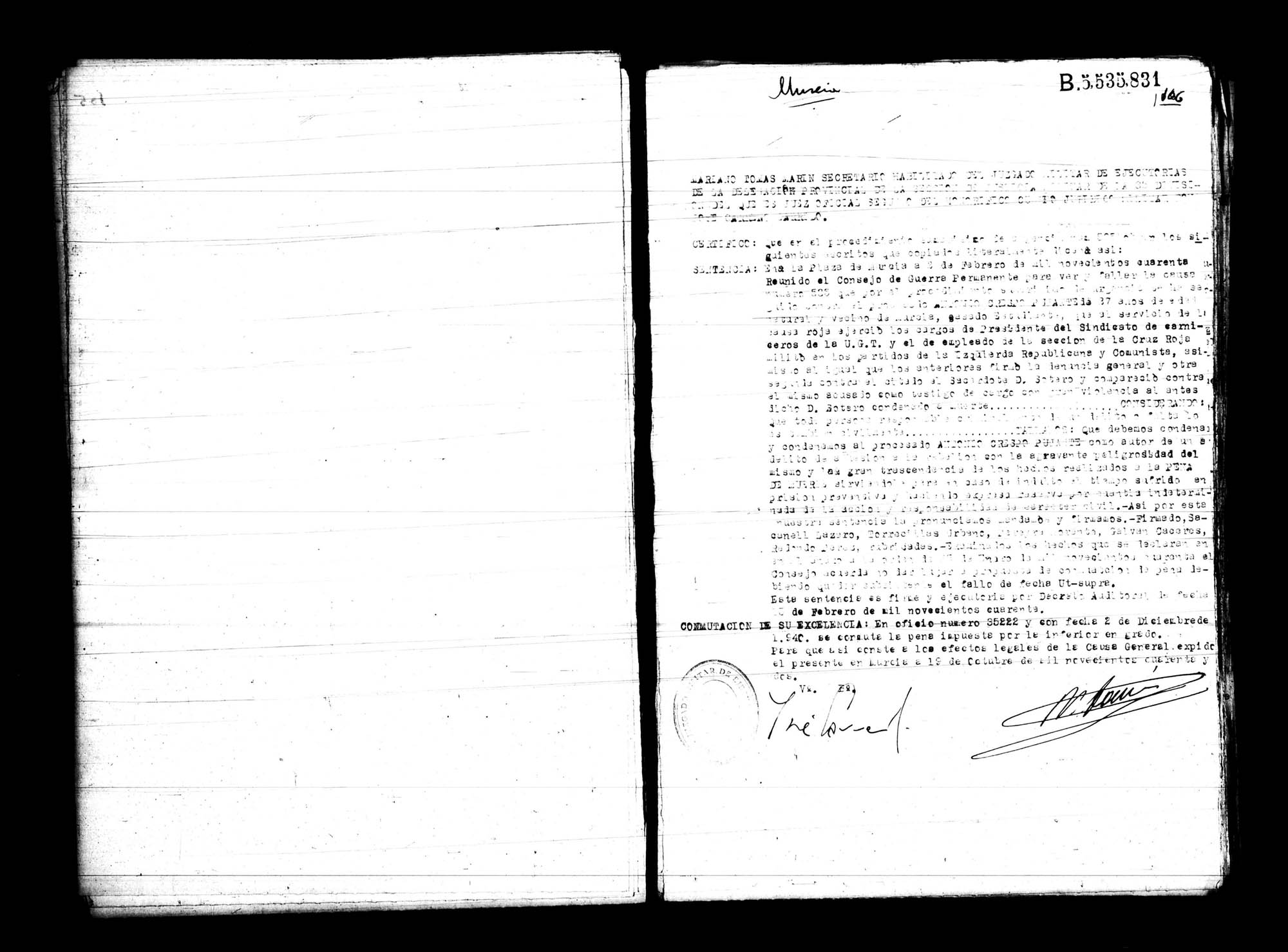 Certificado de la sentencia pronunciada contra Antonio Crespo Pujante, causa 535, el 2 de febrero de 1940 en Murcia.