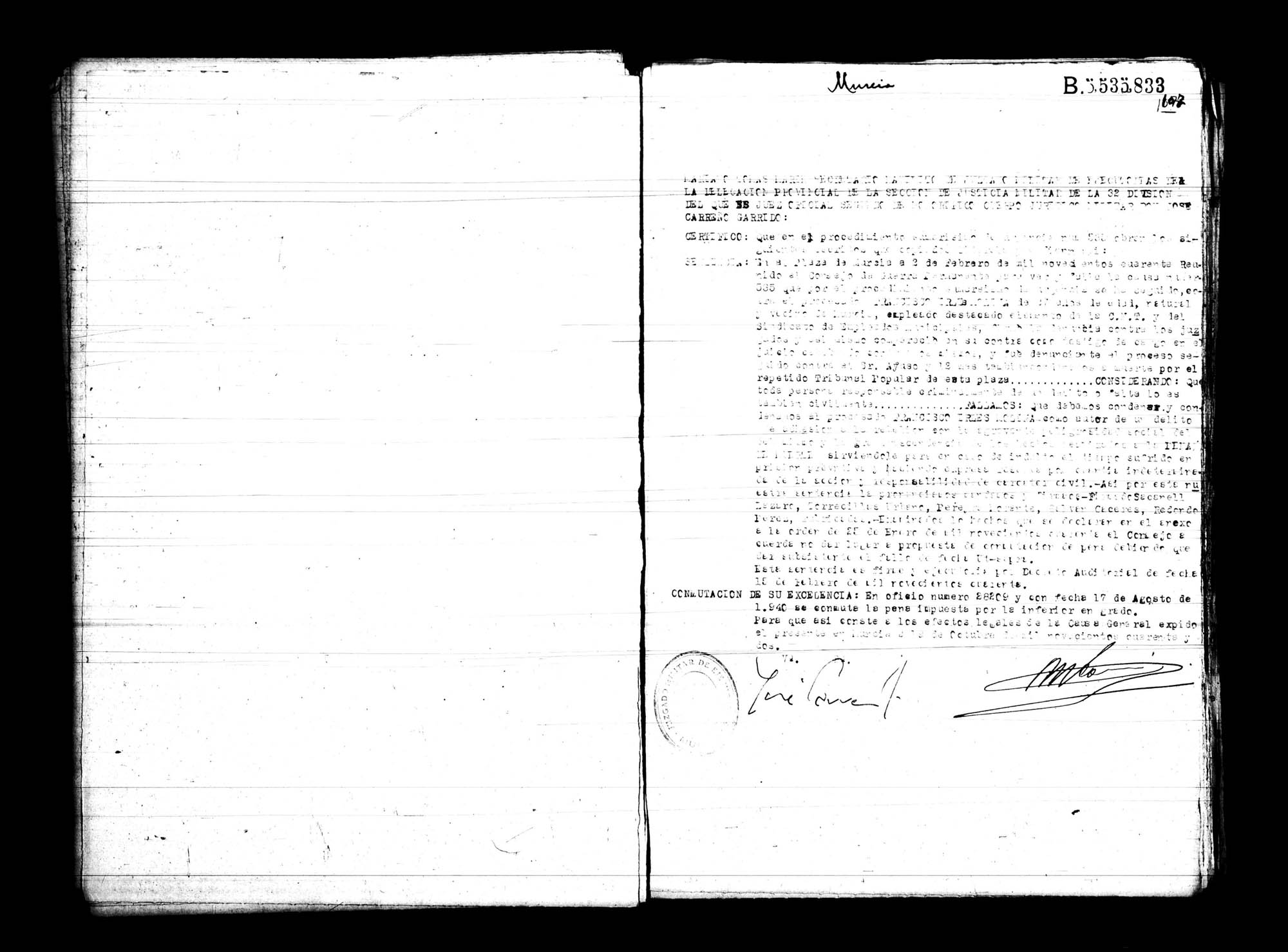 Certificado de la sentencia pronunciada contra Francisco Irles Molina, causa 535, el 2 de febrero de 1940.