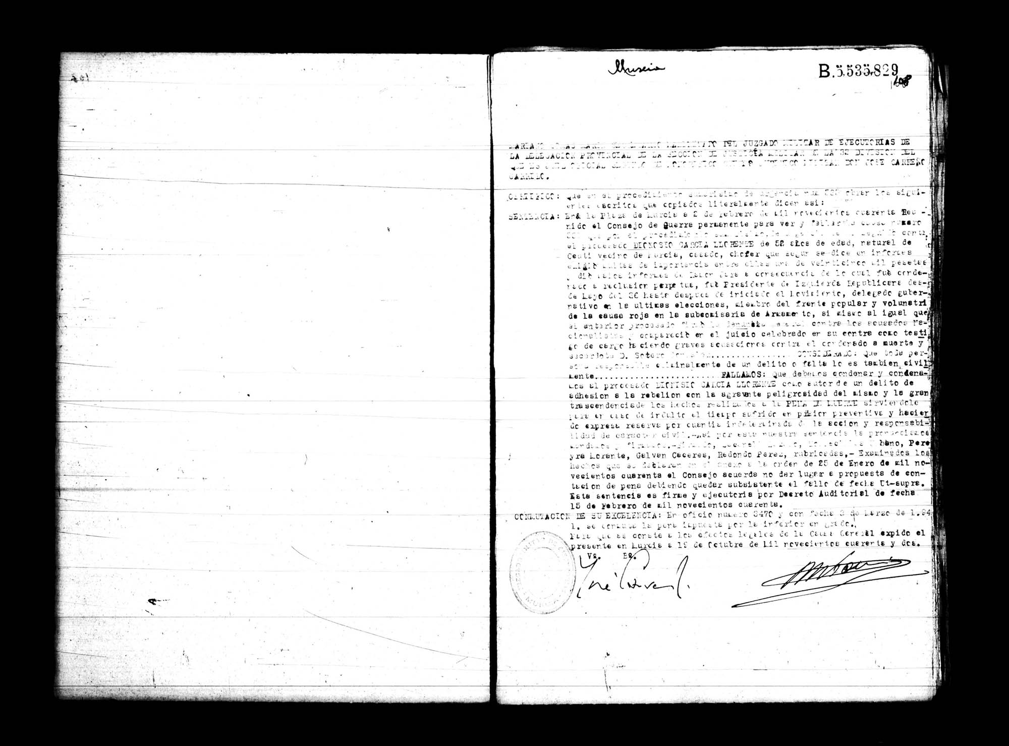Certificado de la sentencia pronunciada contra Dionisio García Llorente, causa 535, el 2 de febrero de 1940 en Murcia.