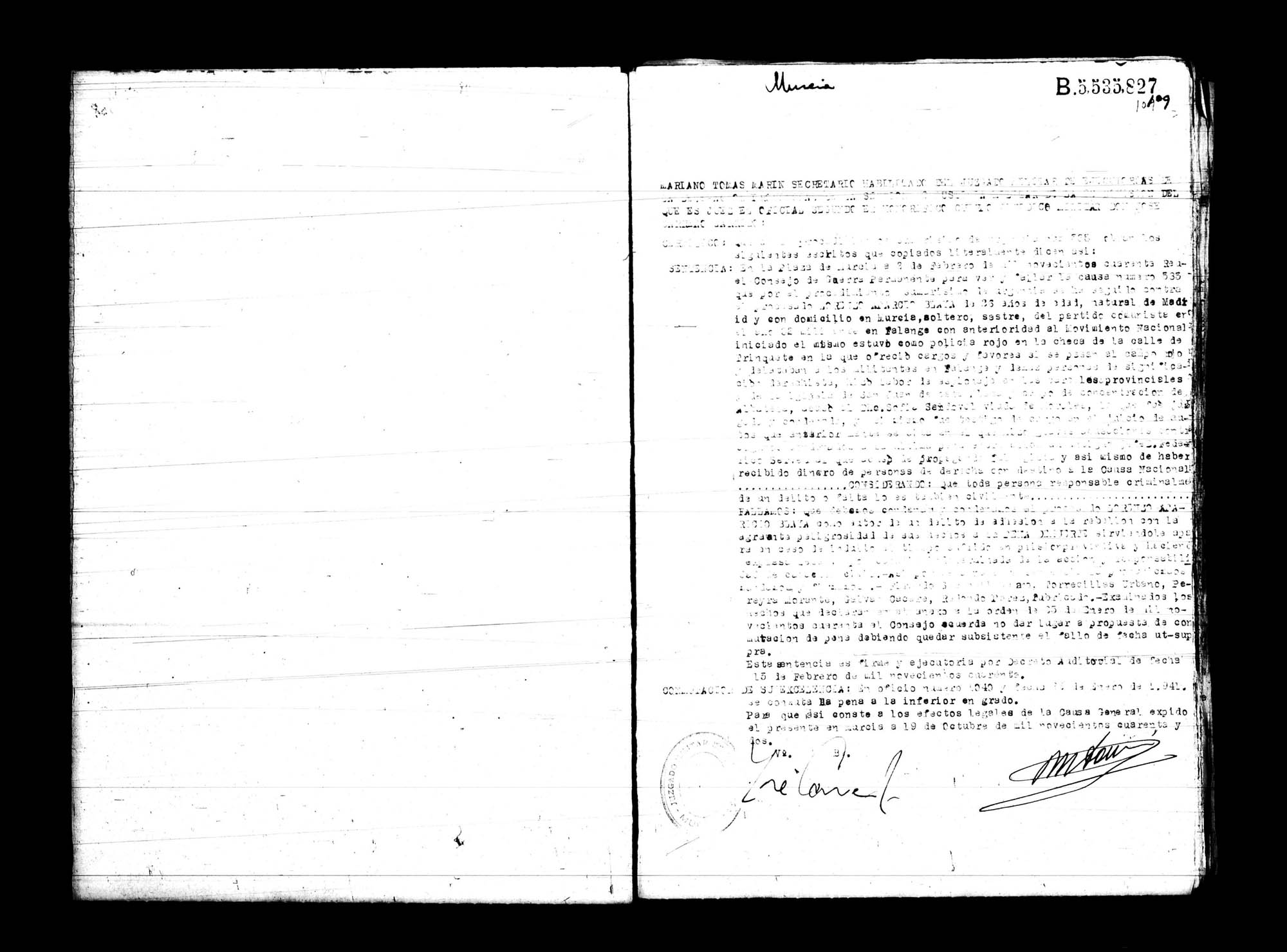Certificado de la sentencia pronunciada contra Lorenzo Aparicio Blaya, causa 535, el 2 de febrero de 1940 en Murcia.