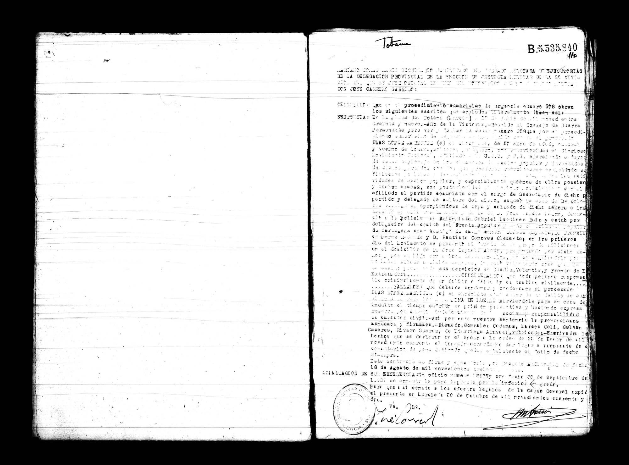 Certificado de la sentencia pronunciada contra Blas López Martínez, causa 908, el 27 de julio de 1939 en Totana.