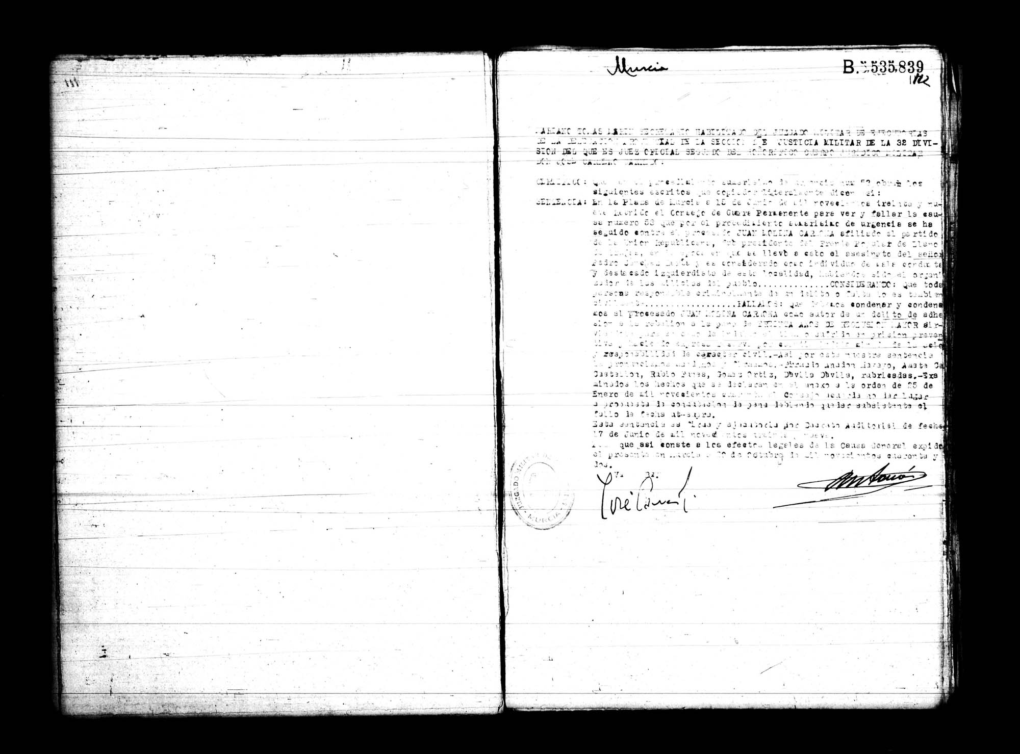 Certificado de la sentencia pronunciada contra Juan Molina Carmona, causa 53, el 15 de junio de 1939 en Murcia.