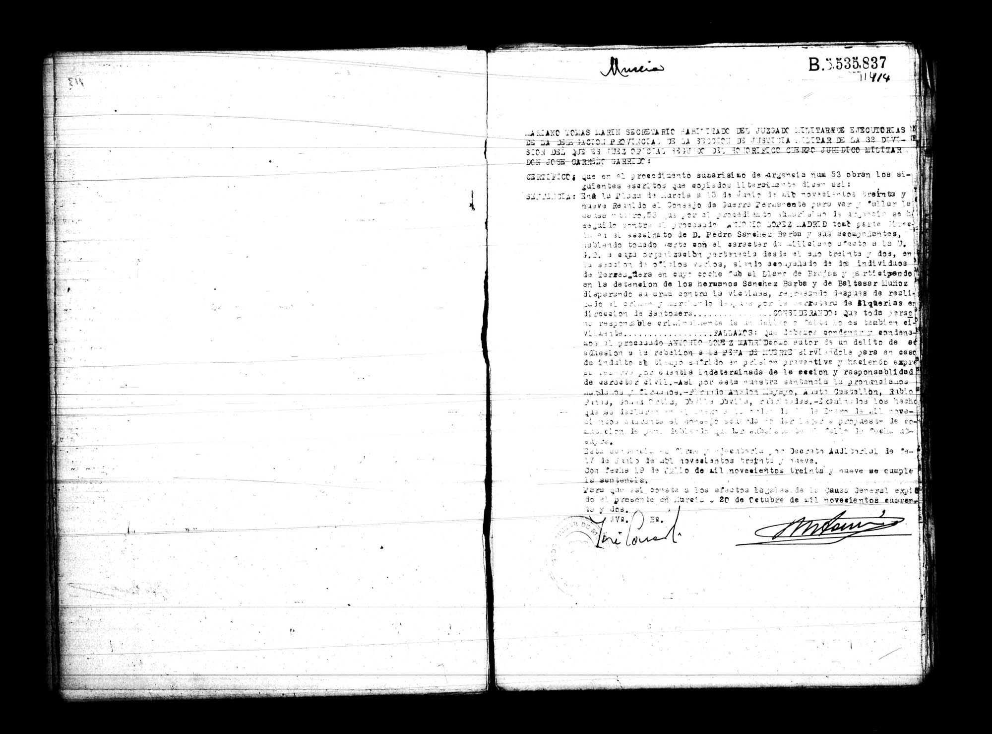 Certificado de la sentencia pronunciada contra Antonio López Madrid, causa 53, el 15 de junio de 1939 en Murcia.