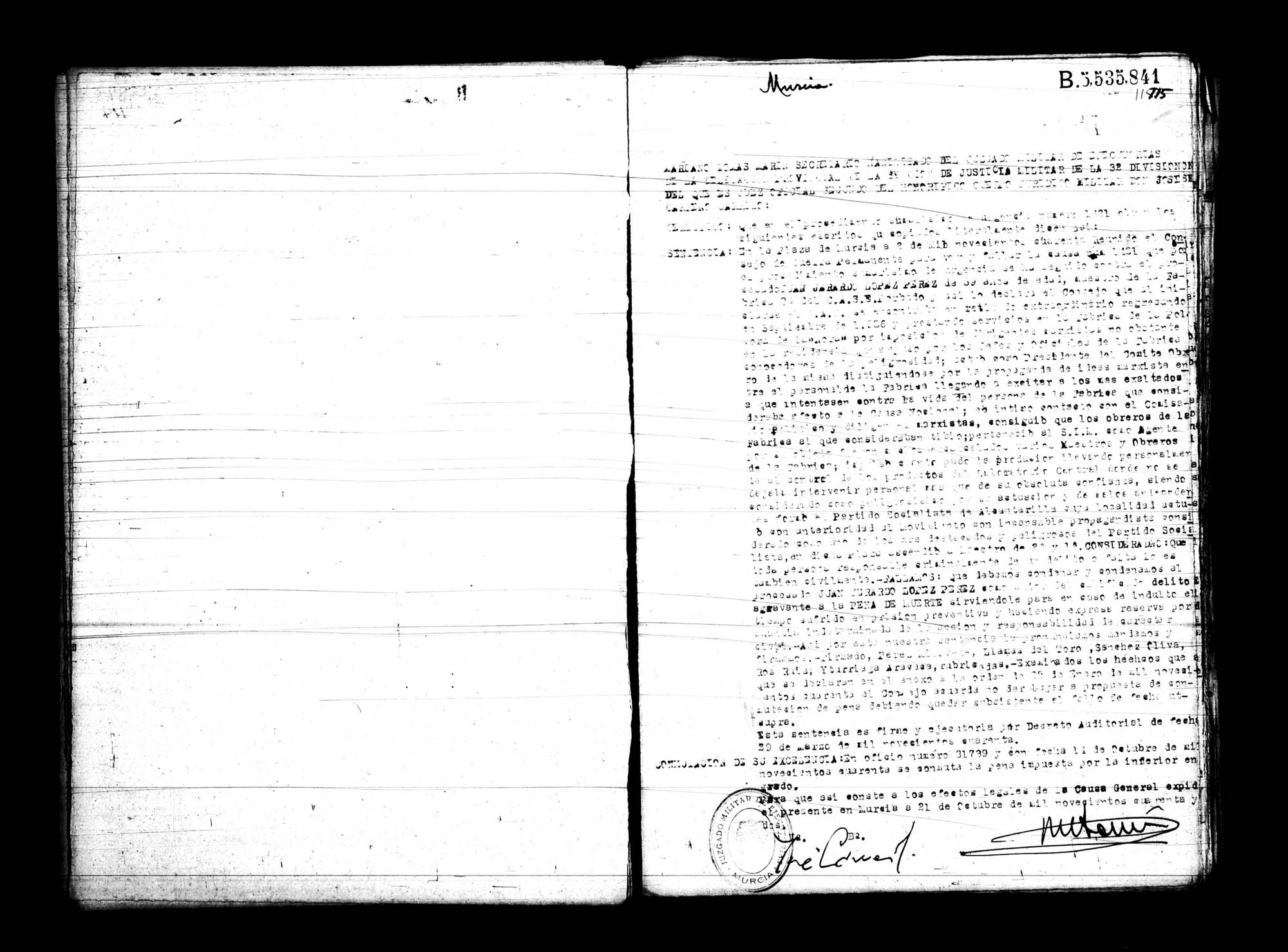Certificado de la sentencia pronunciada contra Juan Gerardo López Pérez, causa 1421, en 1940 en Murcia.