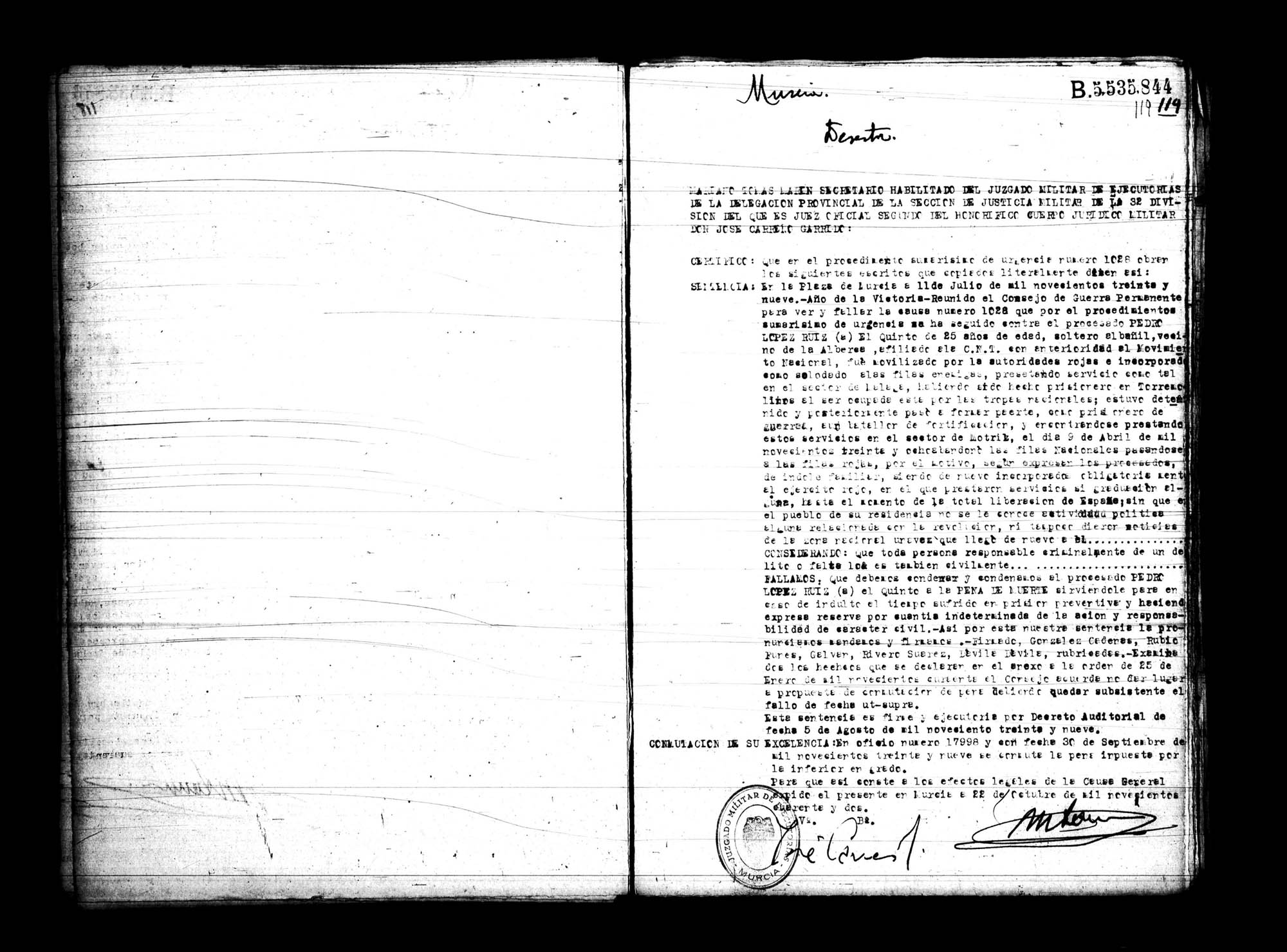 Certificado de la sentencia pronunciada contra Pedro López Ruiz, causa 1020, el 11 de julio de 1939 en Murcia.