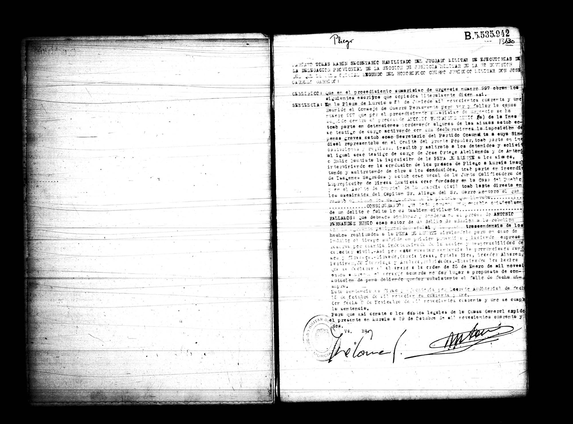 Certificado de la sentencia pronunciada contra Antonio Fernández Rubio, causa 997, el 21 de junio de 1941 en Murcia.